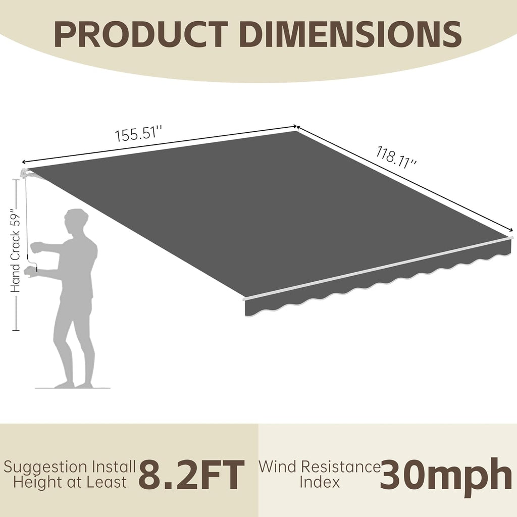13' x 10' Awning for Patio, Sunsetter Retractable Awning Waterproof Cover Outdoor Patio Canopy, Sun Shade with Manual Crank Handle, Porch Shades for Outdoor, House, Deck, Gray