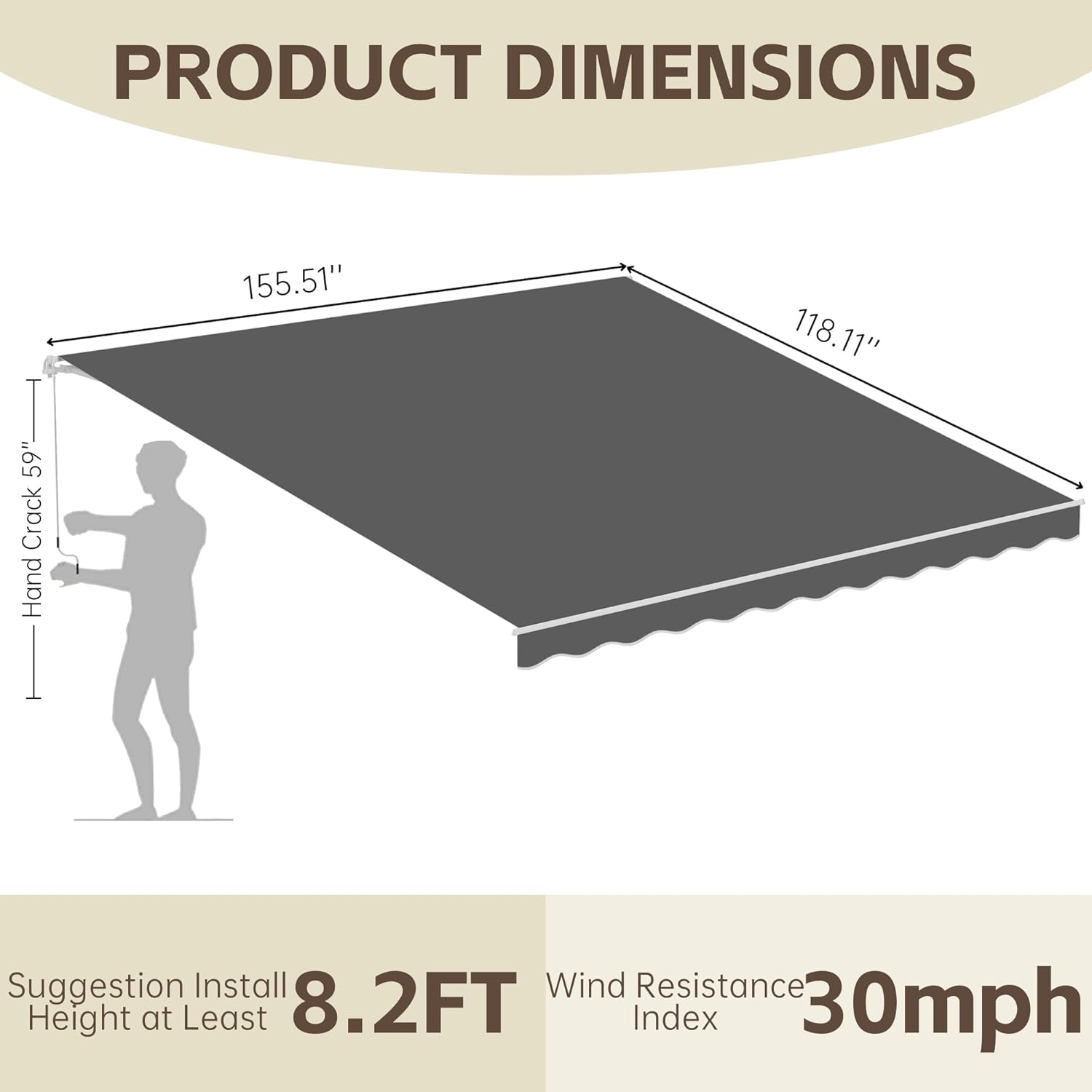 13' x 10' Awning for Patio, Sunsetter Retractable Awning Waterproof Cover Outdoor Patio Canopy, Sun Shade with Manual Crank Handle, Porch Shades for Outdoor, House, Deck, Gray