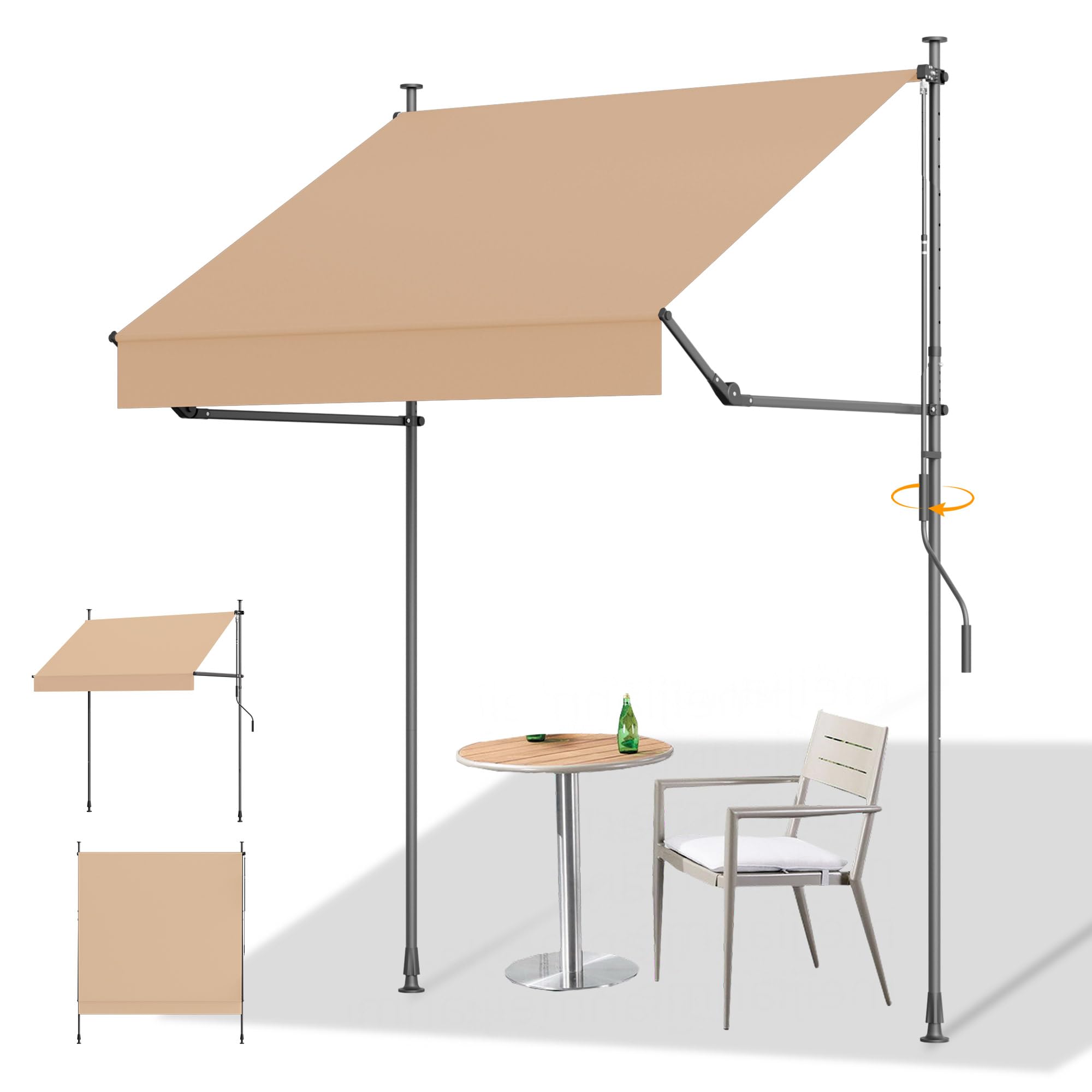 HOMEDEMO Manual Retractable Awning, 79" W x 118" H Retractable Side Bar 47-59", Outdoor Patio Awnings Height Adjustable 82-118", NO Drilling Awings for Backyard Garden Porch Outside Carbon Gray
