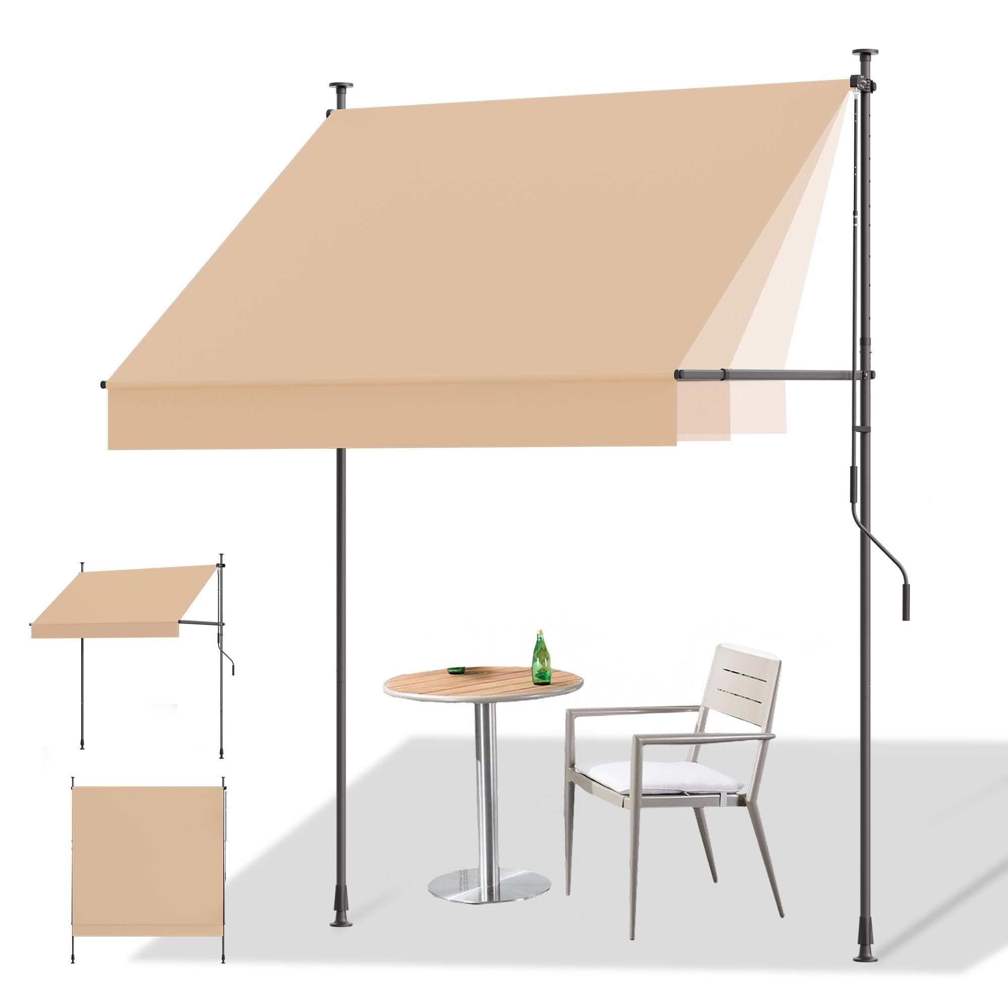 HOMEDEMO Manual Retractable Awning, 79" W x 118" H Retractable Side Bar 47-59", Outdoor Patio Awnings Height Adjustable 82-118", NO Drilling Awings for Backyard Garden Porch Outside Carbon Gray