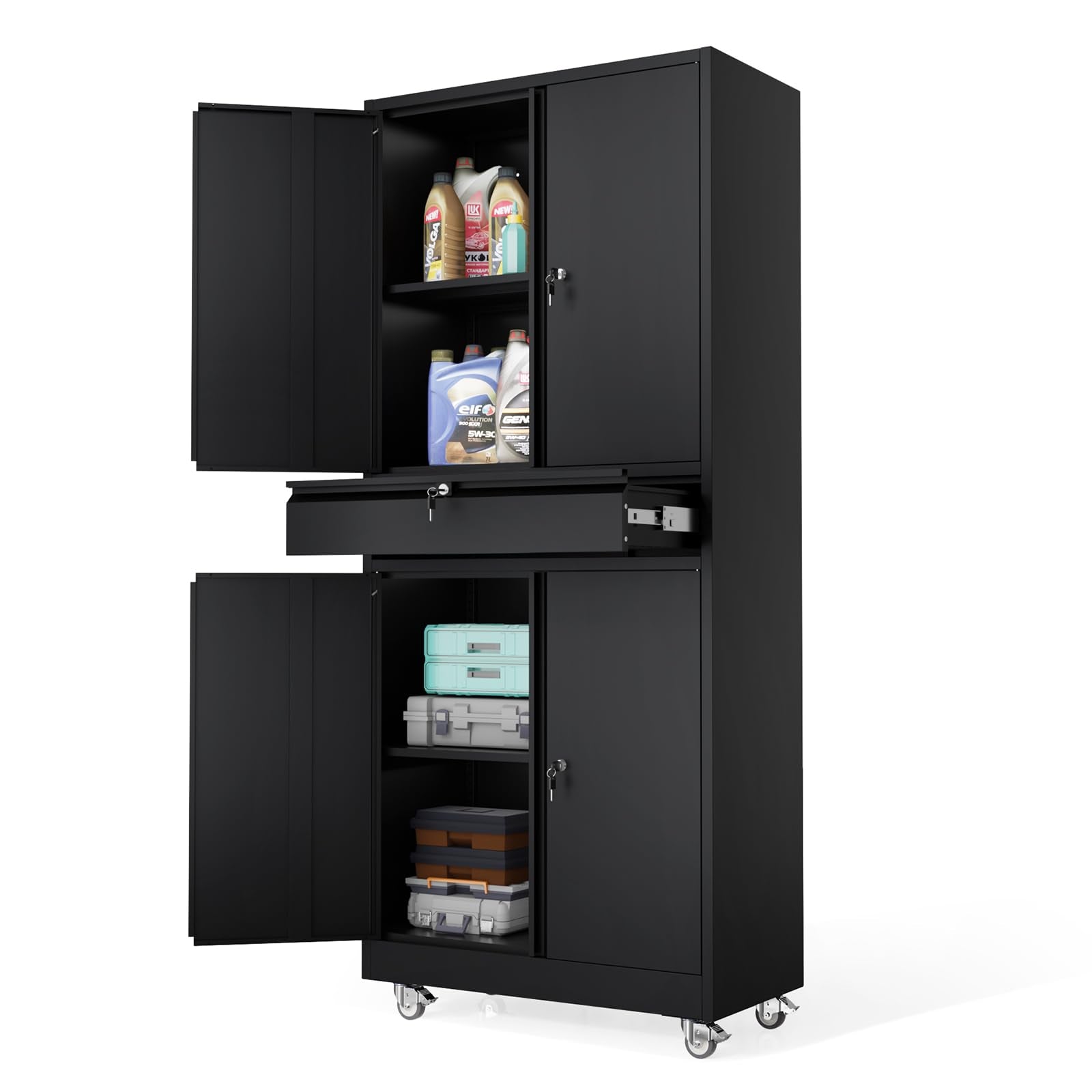 VINGLI Large Metal Storage Cabinet with 2 Doors and 5 Adjustable Shelves, Upgraded Height & Wide & Deep, 43''W x 20''D x 72''H, Oversized Garage Storage Cabinet with Wheels and Locks (Black)