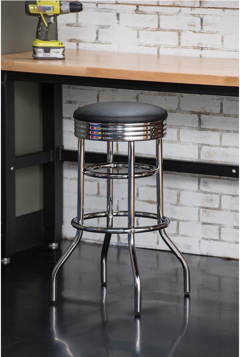 TRINITY Heavy Duty 30-Inch Backless Swivel Bar Stool for Kitchen, Garage, or Workshop, Chrome Finish with Faux Leather Seat, 2 Pack, Black