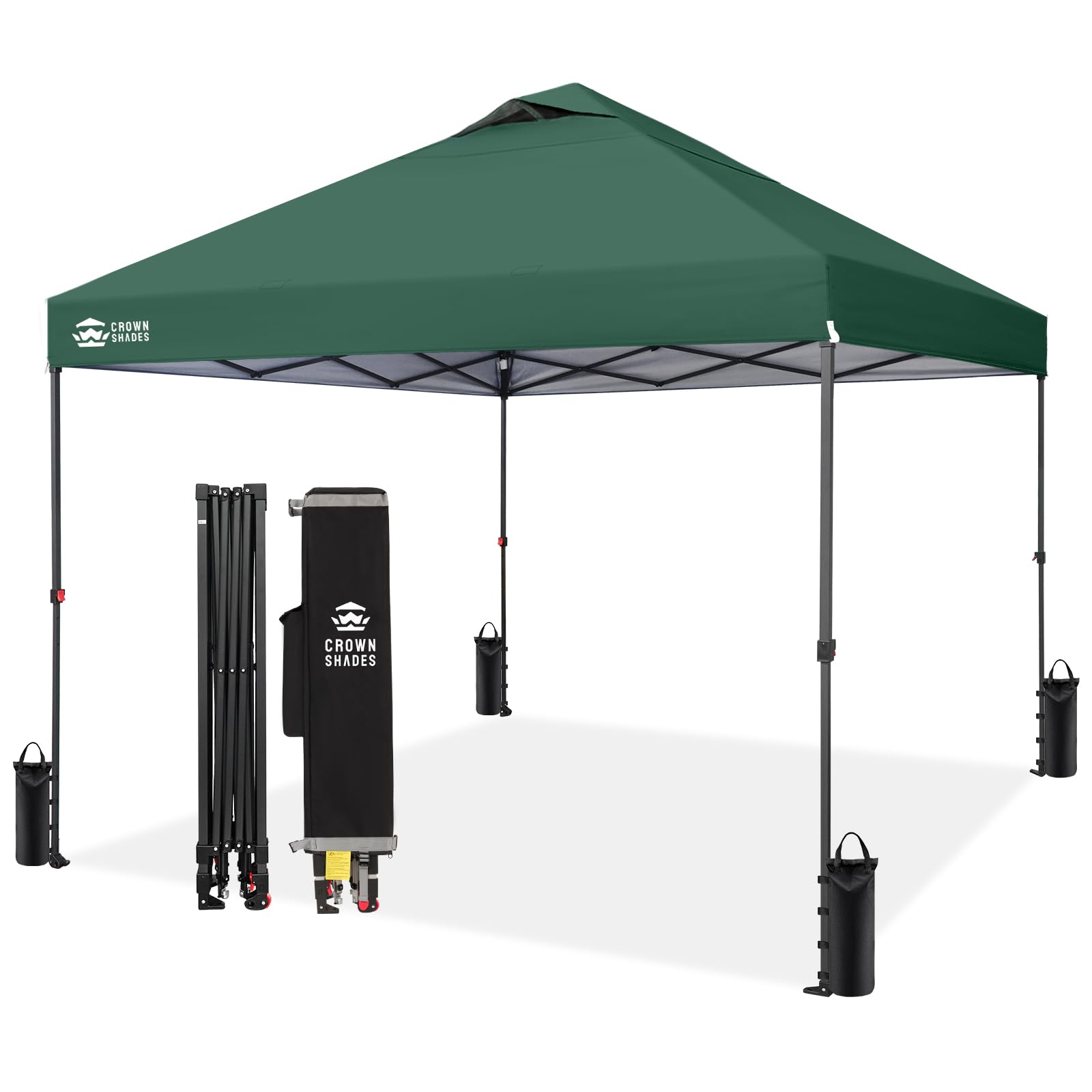 CROWN SHADES 8x8 Pop Up Canopy - Patented Center Lock One Push Instant Outdoor Canopy Beach Tent with STO-N-Go Bag 8 Stakes & 4 Sand Bags，White