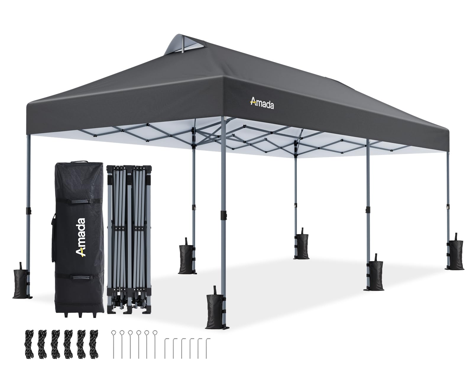 Amada 10x10 Pop Up Canopy Tent, 1-Button Push Easy-up Outdoor Canopy Beach Tent with 3-Height Adjustable Waterproof Shade Shelter, Wheeled STO-N-Go Bag 8 Stakes, 4 SandBags (Khaki)