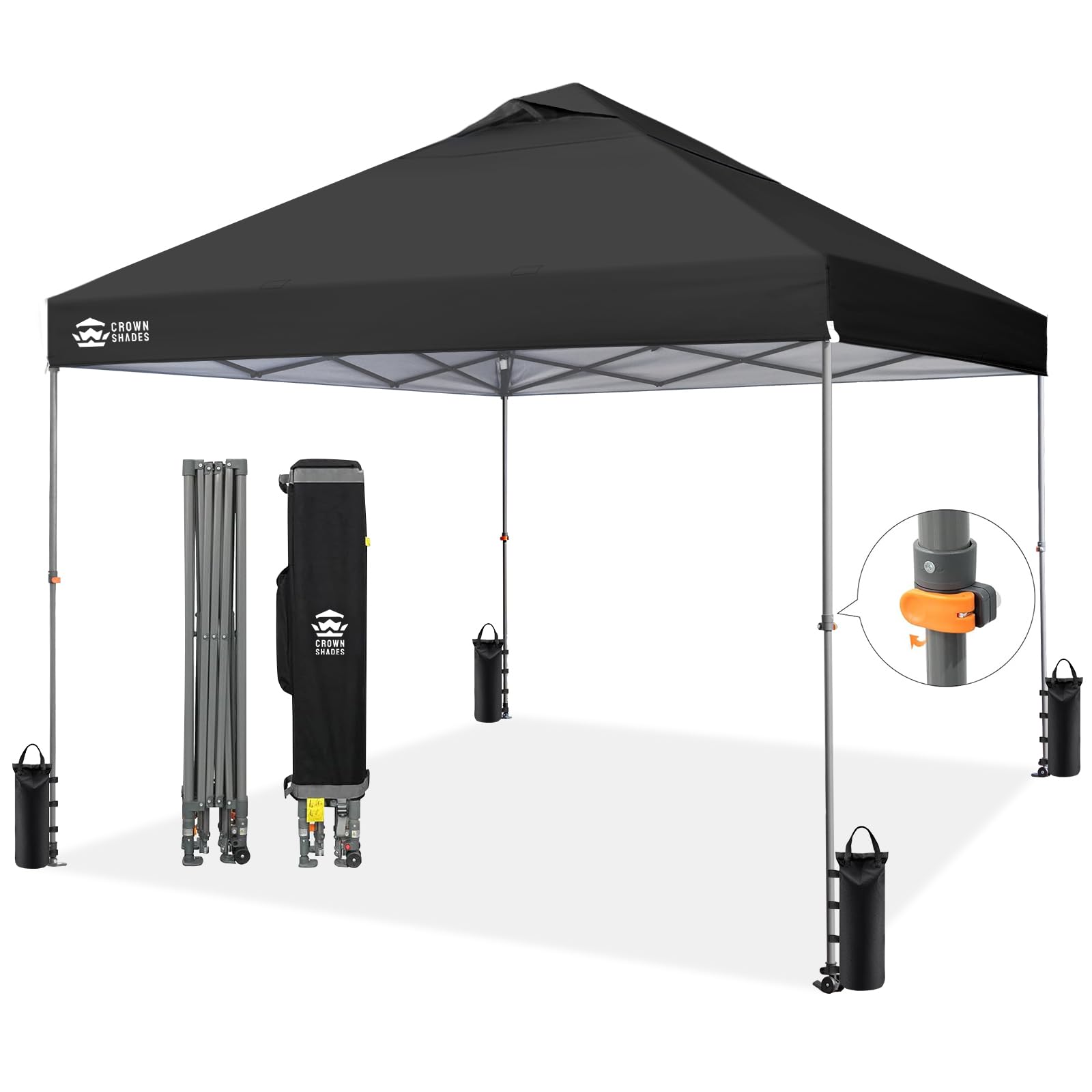 CROWN SHADES 8x8 Pop Up Canopy - Patented Center Lock One Push Instant Outdoor Canopy Beach Tent with STO-N-Go Bag 8 Stakes & 4 Sand Bags，White