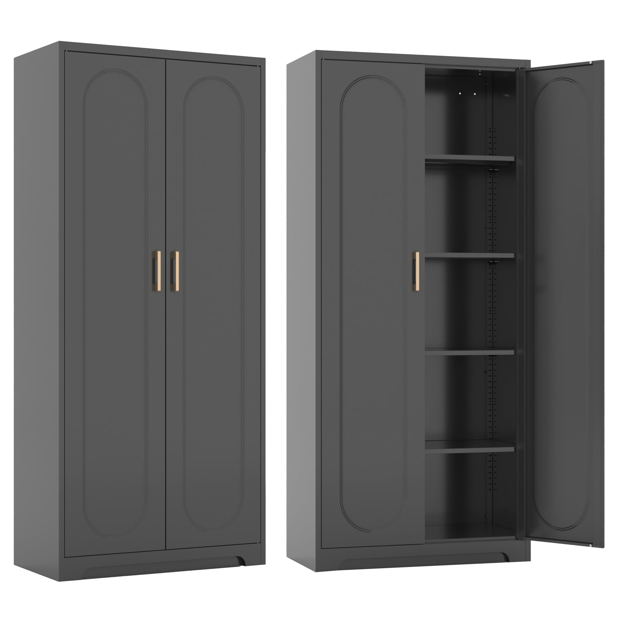 SteeLoong Kitchen Pantry Cabinet,71”Black Metal Pantry Storage Cabinet with Doors and 4 Adjustable Shelves,Kitchen Cabinet with 2 Gold Handles,Tall Cabinet for Livingroom,Pantry, Bathroom