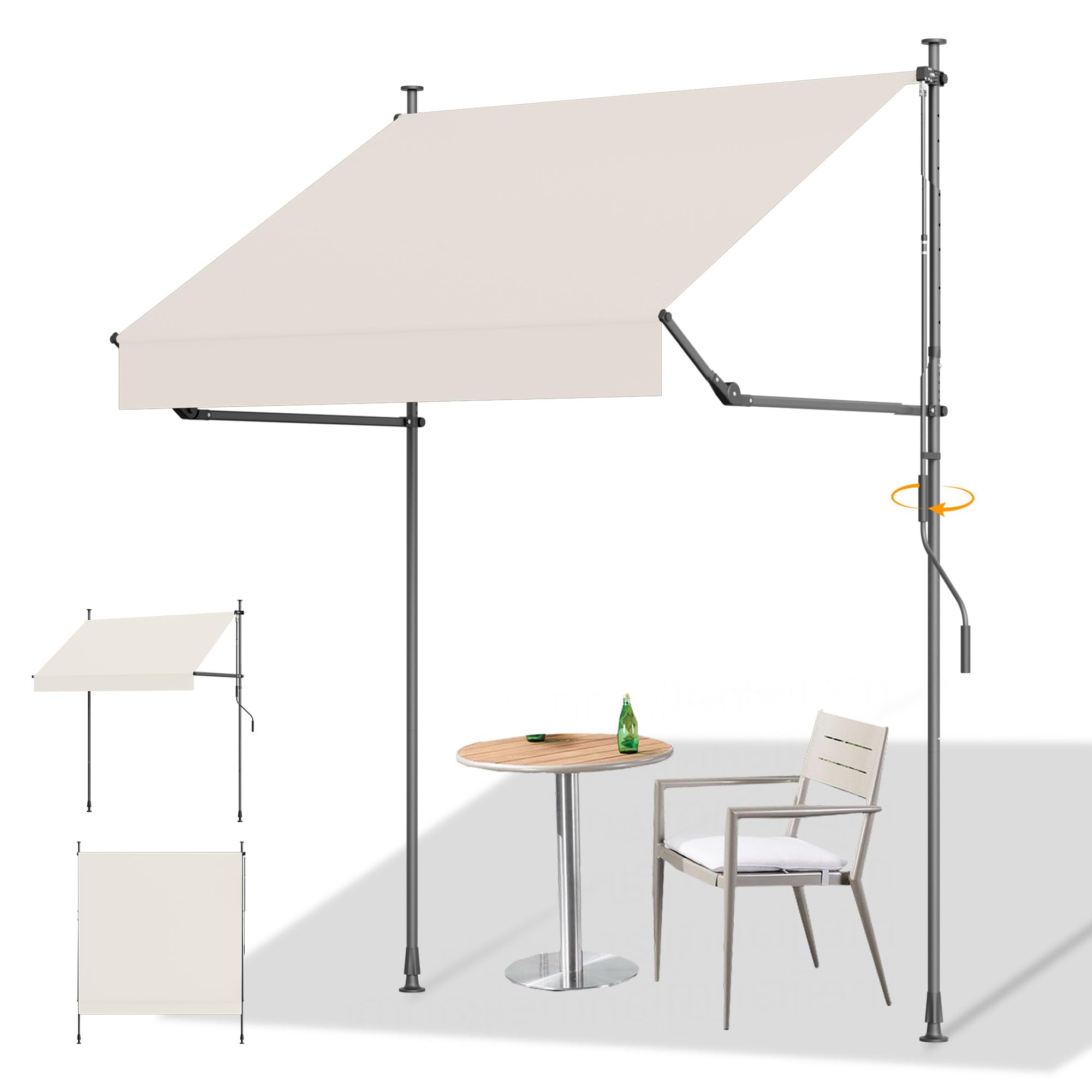 HOMEDEMO Manual Retractable Awning, 79" W x 118" H Retractable Side Bar 47-59", Outdoor Patio Awnings Height Adjustable 82-118", NO Drilling Awings for Backyard Garden Porch Outside Carbon Gray