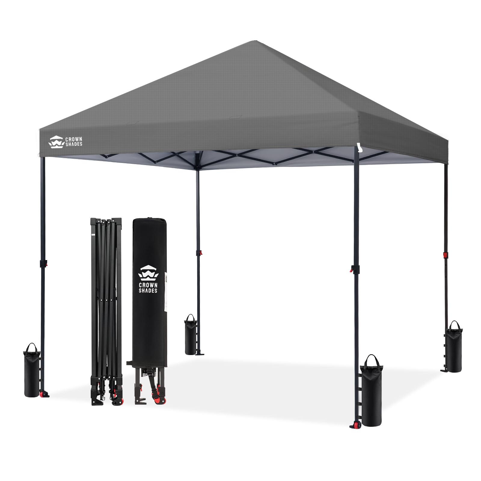 CROWN SHADES 8x8 Pop Up Canopy - Patented Center Lock One Push Instant Outdoor Canopy Beach Tent with STO-N-Go Bag 8 Stakes & 4 Sand Bags，White