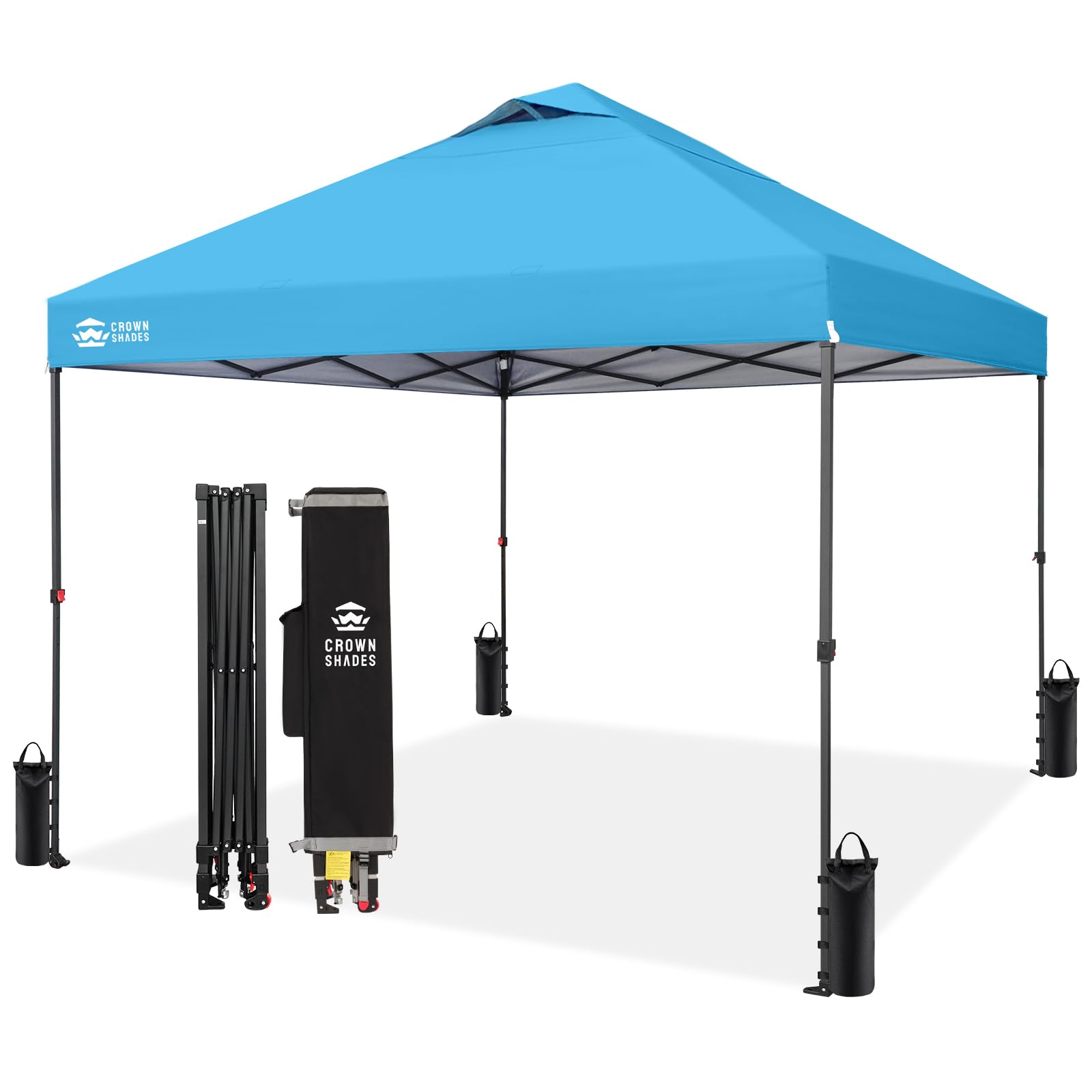 CROWN SHADES 8x8 Pop Up Canopy - Patented Center Lock One Push Instant Outdoor Canopy Beach Tent with STO-N-Go Bag 8 Stakes & 4 Sand Bags，White
