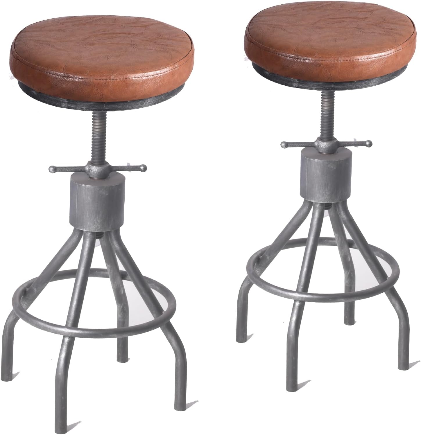 LOKKHAN Set of 2 Industrial Bar Stool-Vintage Adjustable PU Leather Metal Swivel Bar Stool-Cast Iron-23-30 Inch Tall Counter Bar Height Farmhouse Kitchen Stools