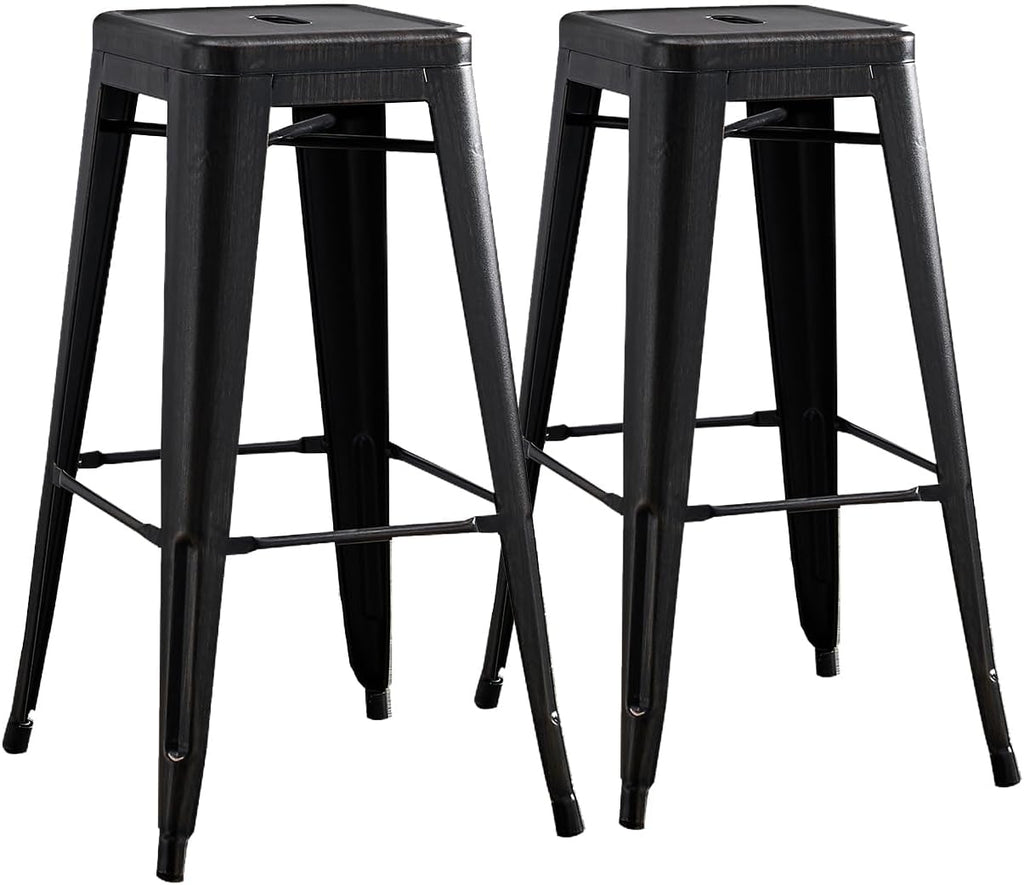 30" Metal Bar Stools Set of 2 Industrial Iron Stackable for Kitchen Indoor/Outdoor Patio Distressed Black