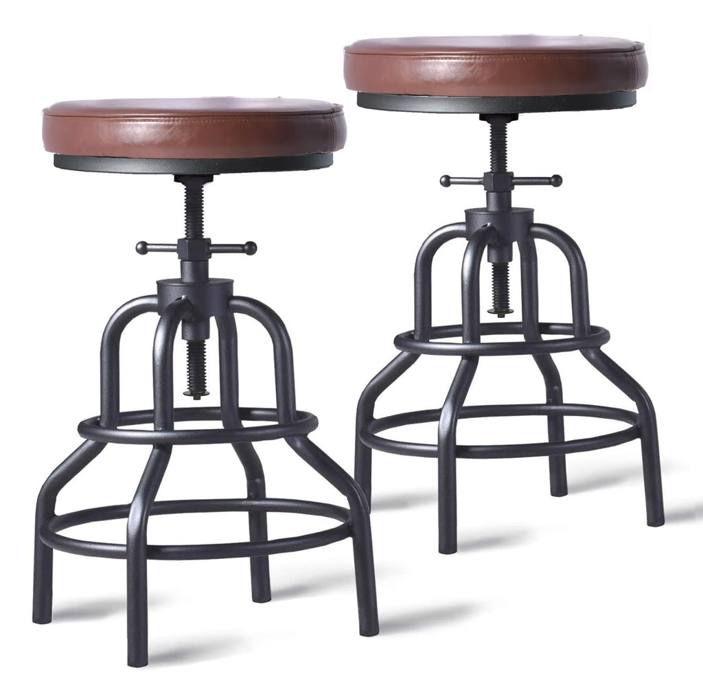LOKKHAN Vintage Industrial Bar Stool-Rustic Swivel Barstools-Round Wood Metal Base-Kitchen Counter Height Adjustable Pipe Stool-Cast Steel Chairs 20-27 Inch (Set of 2)