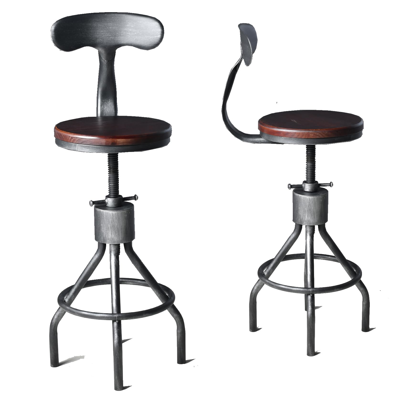 LOKKHAN Set of 2 Rustic Industrial Bar Stool-24-30 Tall Adjustable Metal Swivel Wooden Top Barstools-Counter Height Bar Height-Vintage Farmhouse Kitchen Breakfast Cafe Stool-with Backrest