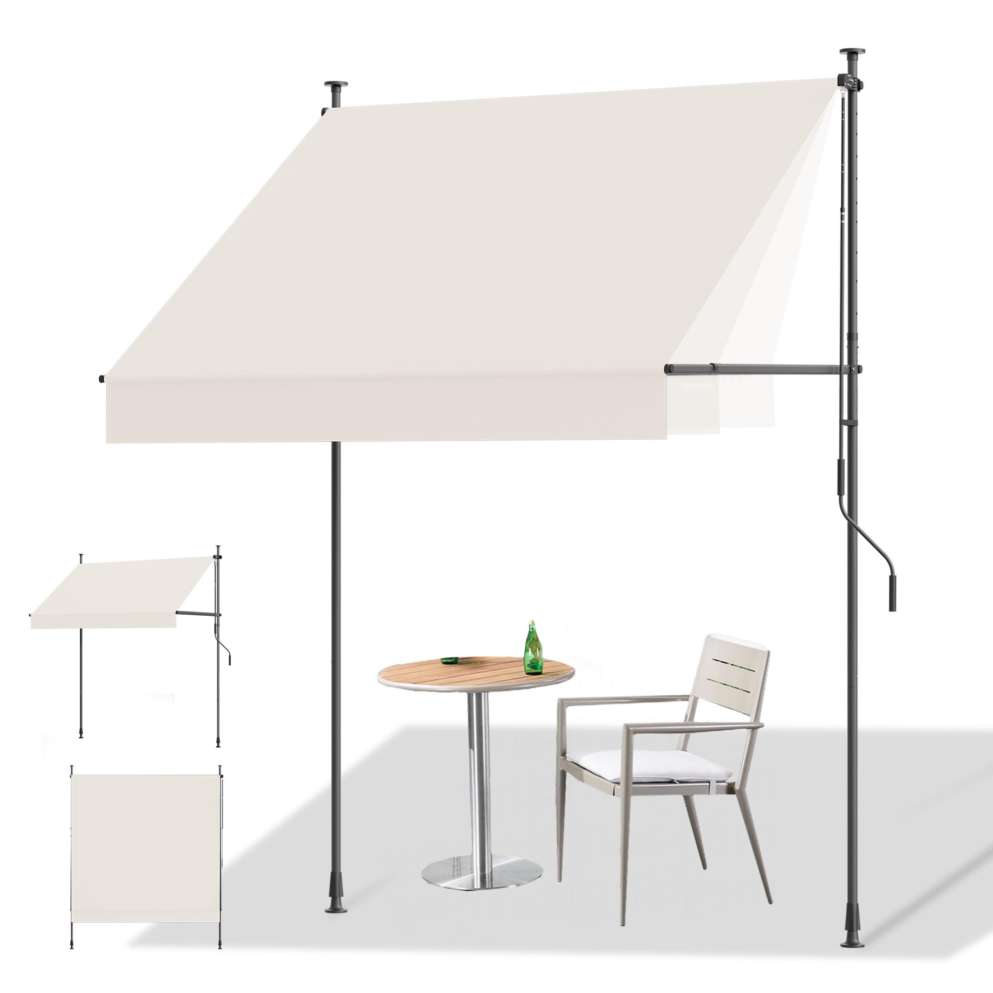 HOMEDEMO Manual Retractable Awning, 79" W x 118" H Retractable Side Bar 47-59", Outdoor Patio Awnings Height Adjustable 82-118", NO Drilling Awings for Backyard Garden Porch Outside Carbon Gray