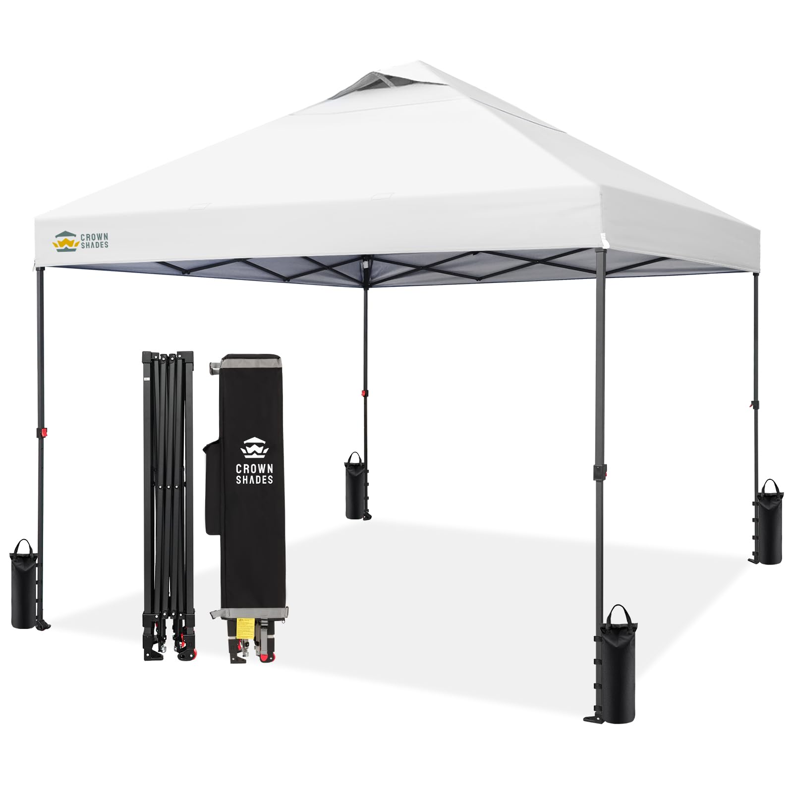 CROWN SHADES 8x8 Pop Up Canopy - Patented Center Lock One Push Instant Outdoor Canopy Beach Tent with STO-N-Go Bag 8 Stakes & 4 Sand Bags，White