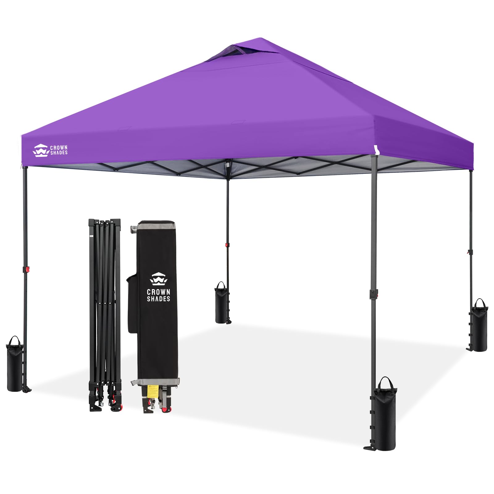 CROWN SHADES 8x8 Pop Up Canopy - Patented Center Lock One Push Instant Outdoor Canopy Beach Tent with STO-N-Go Bag 8 Stakes & 4 Sand Bags，White