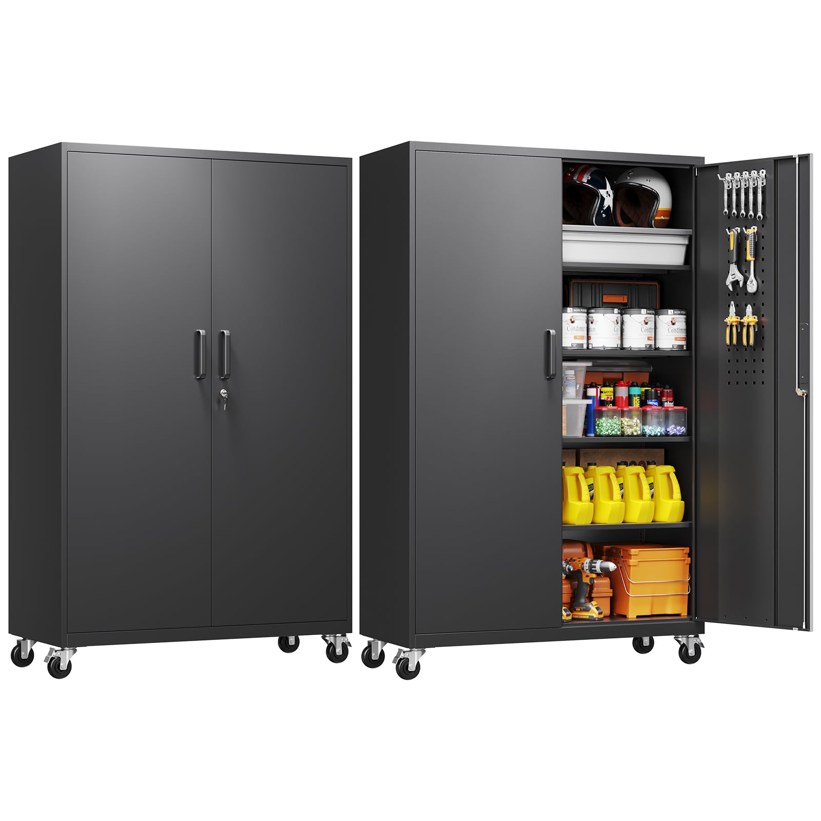 Yizosh Metal Storage Cabinet with Lock - 72" Garage Storage Cabinet with 2 Locking Doors and 5 Adjustable Shelves, Black Steel Lockable for Office,Home,Garage