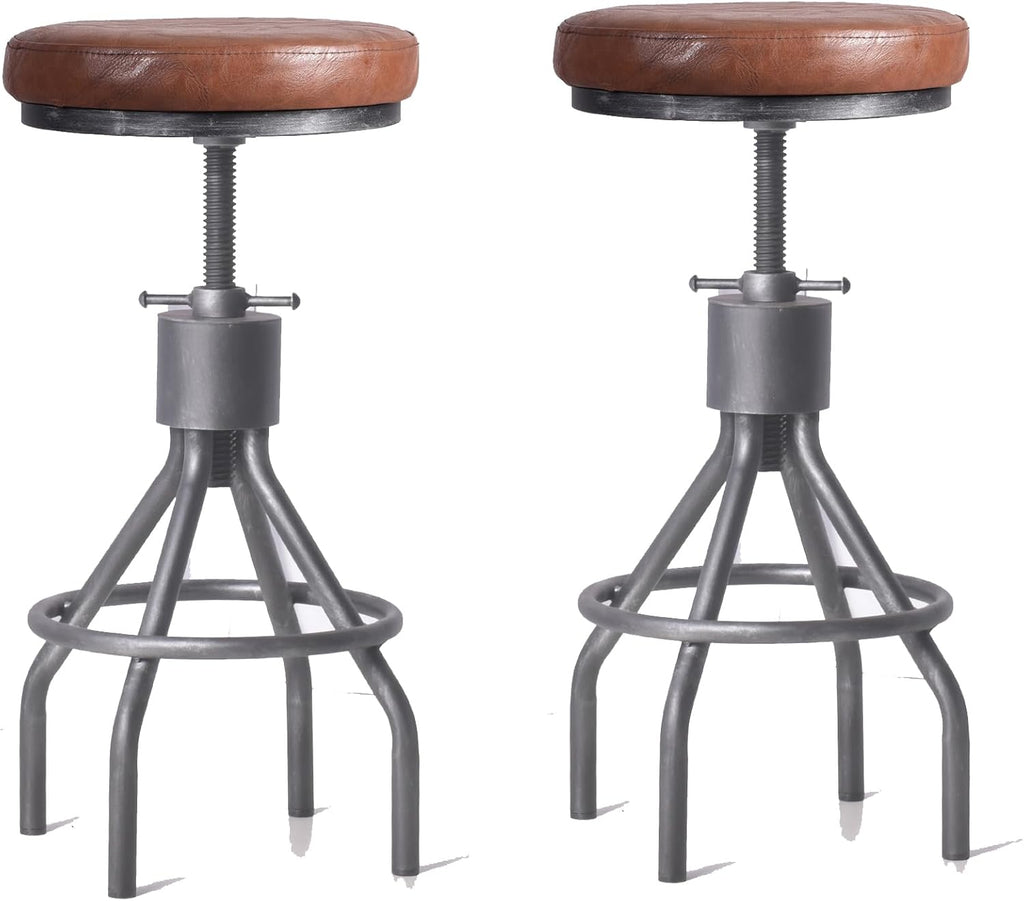 LOKKHAN Set of 2 Industrial Bar Stool-Vintage Adjustable PU Leather Metal Swivel Bar Stool-Cast Iron-23-30 Inch Tall Counter Bar Height Farmhouse Kitchen Stools