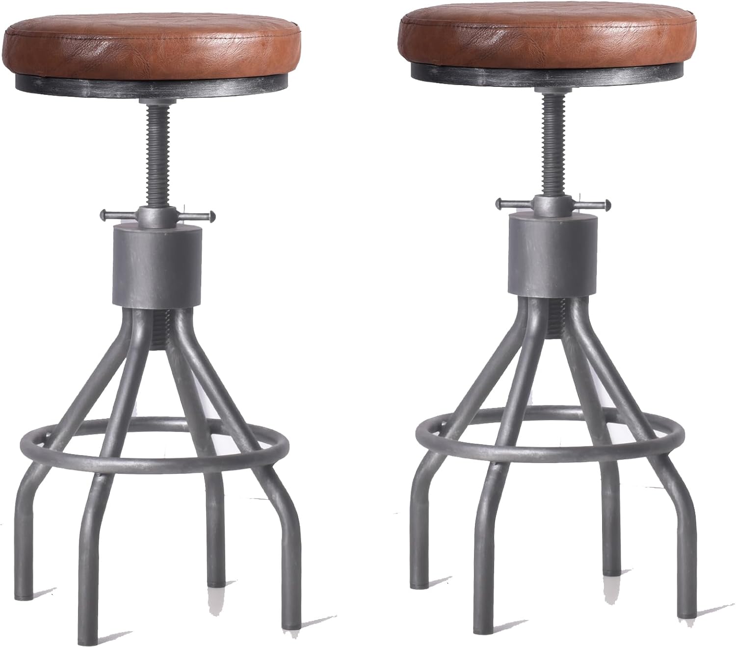 LOKKHAN Set of 2 Industrial Bar Stool-Vintage Adjustable PU Leather Metal Swivel Bar Stool-Cast Iron-23-30 Inch Tall Counter Bar Height Farmhouse Kitchen Stools