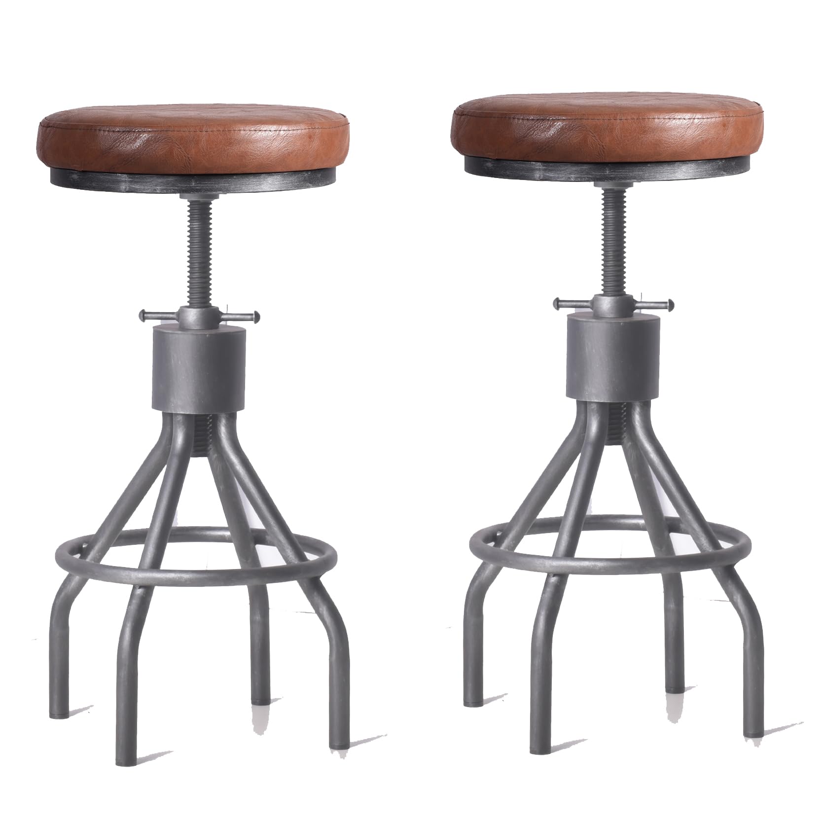 LOKKHAN Set of 2 Industrial Bar Stool-Vintage Adjustable PU Leather Metal Swivel Bar Stool-Cast Iron-23-30 Inch Tall Counter Bar Height Farmhouse Kitchen Stools