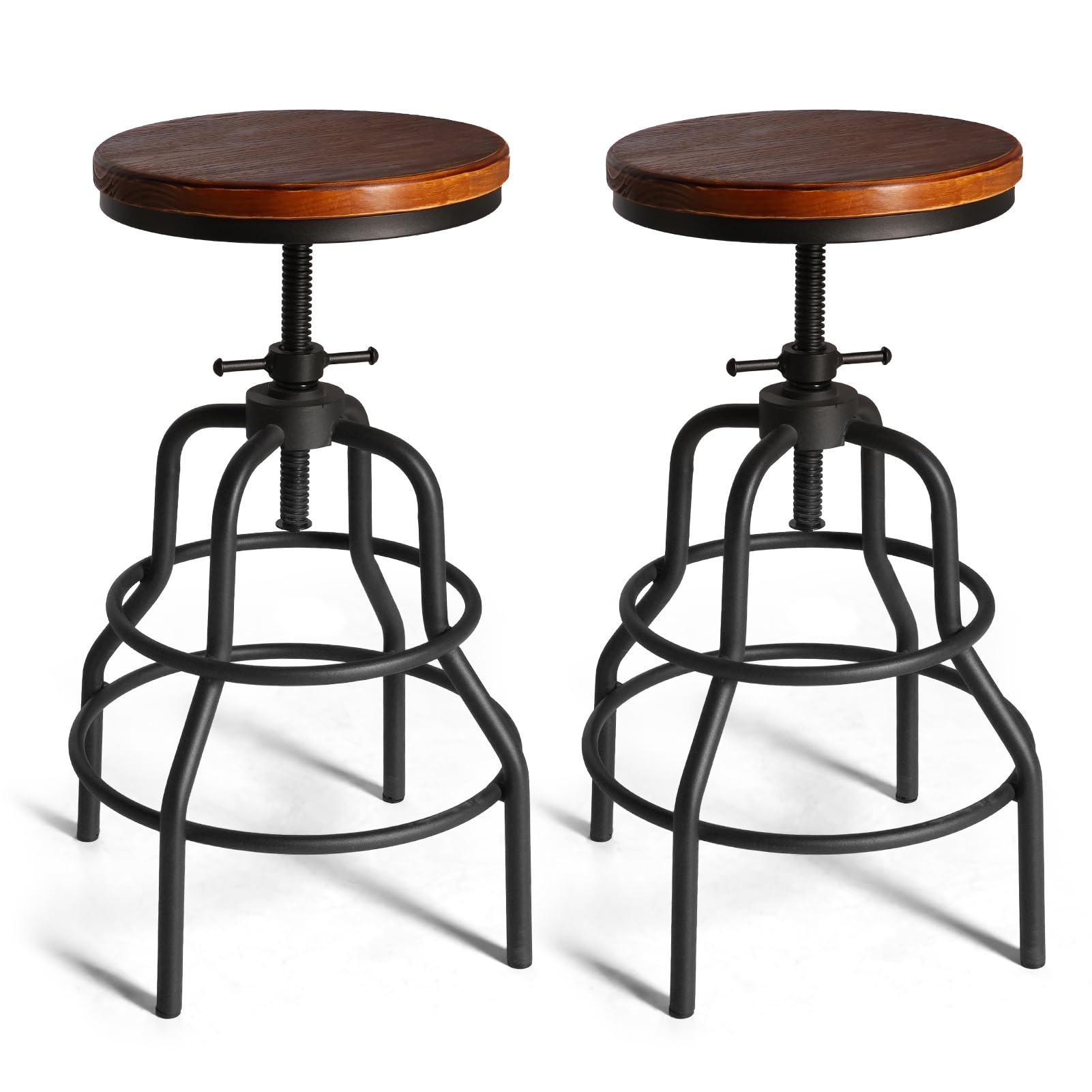 LOKKHAN Vintage Industrial Bar Stool-Rustic Swivel Barstools-Round Wood Metal Base-Kitchen Counter Height Adjustable Pipe Stool-Cast Steel Chairs 20-27 Inch (Set of 2)