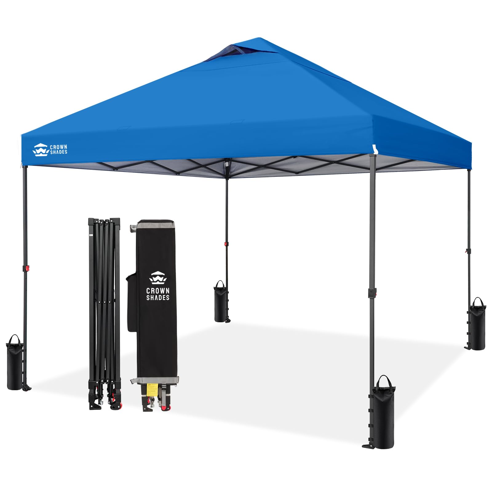 CROWN SHADES 8x8 Pop Up Canopy - Patented Center Lock One Push Instant Outdoor Canopy Beach Tent with STO-N-Go Bag 8 Stakes & 4 Sand Bags，White