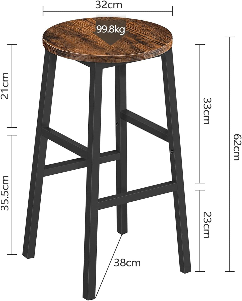 MAHANCRIS Bar Stools, Set of 2 Round Bar Chairs with Footrest, 24.4 Inch Kitchen Breakfast Bar Stools, Industrial Bar Stools, Easy Assembly, for Dining Room, Kitchen, Rustic Brown BAHR0201Z