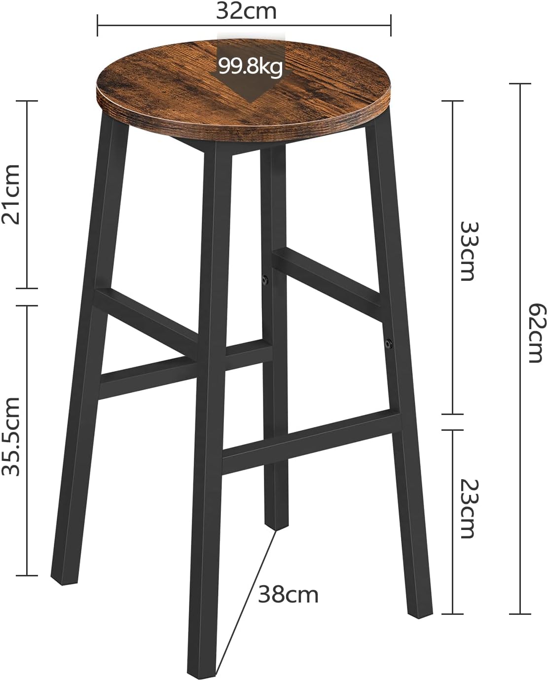 MAHANCRIS Bar Stools, Set of 2 Round Bar Chairs with Footrest, 24.4 Inch Kitchen Breakfast Bar Stools, Industrial Bar Stools, Easy Assembly, for Dining Room, Kitchen, Rustic Brown BAHR0201Z