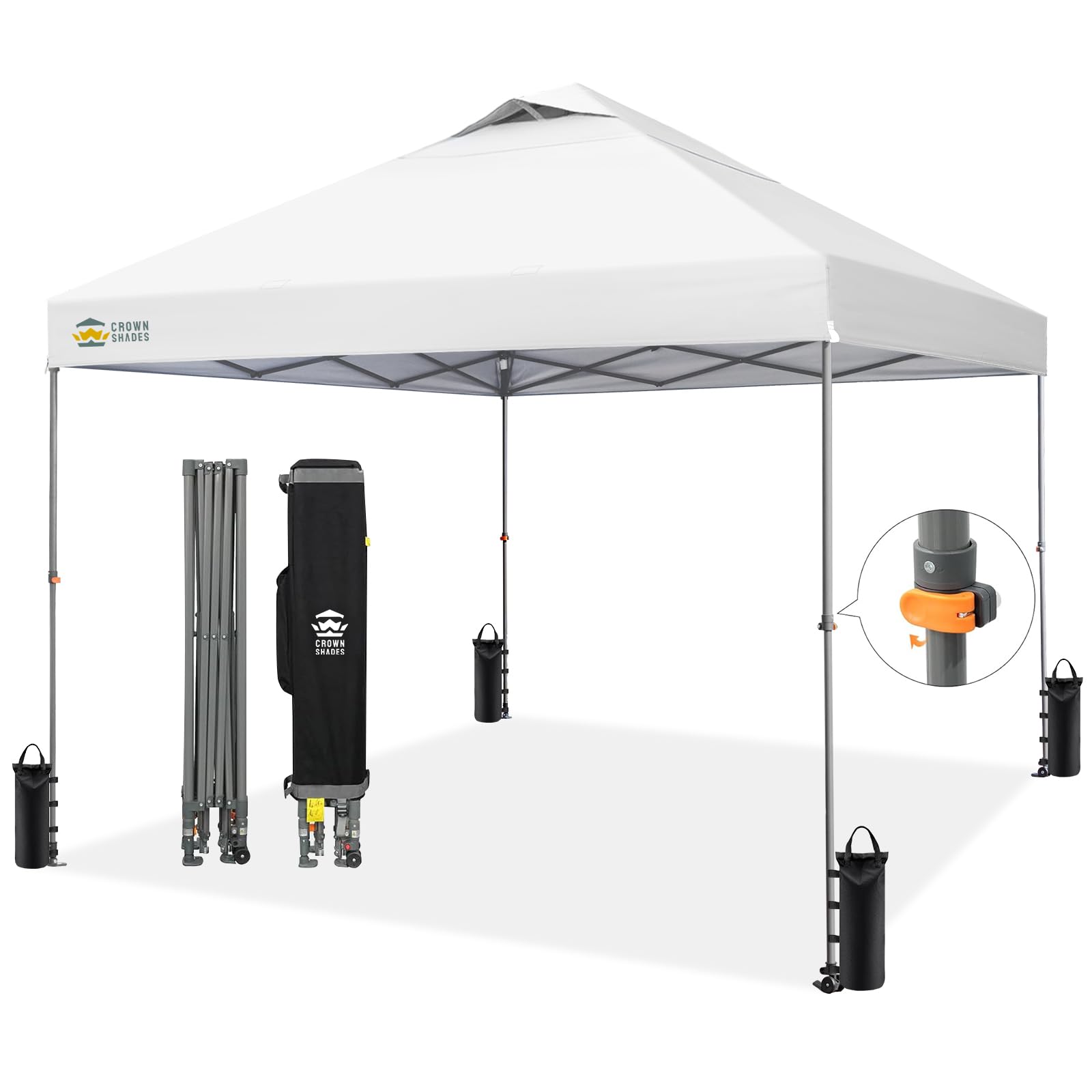 CROWN SHADES 8x8 Pop Up Canopy - Patented Center Lock One Push Instant Outdoor Canopy Beach Tent with STO-N-Go Bag 8 Stakes & 4 Sand Bags，White