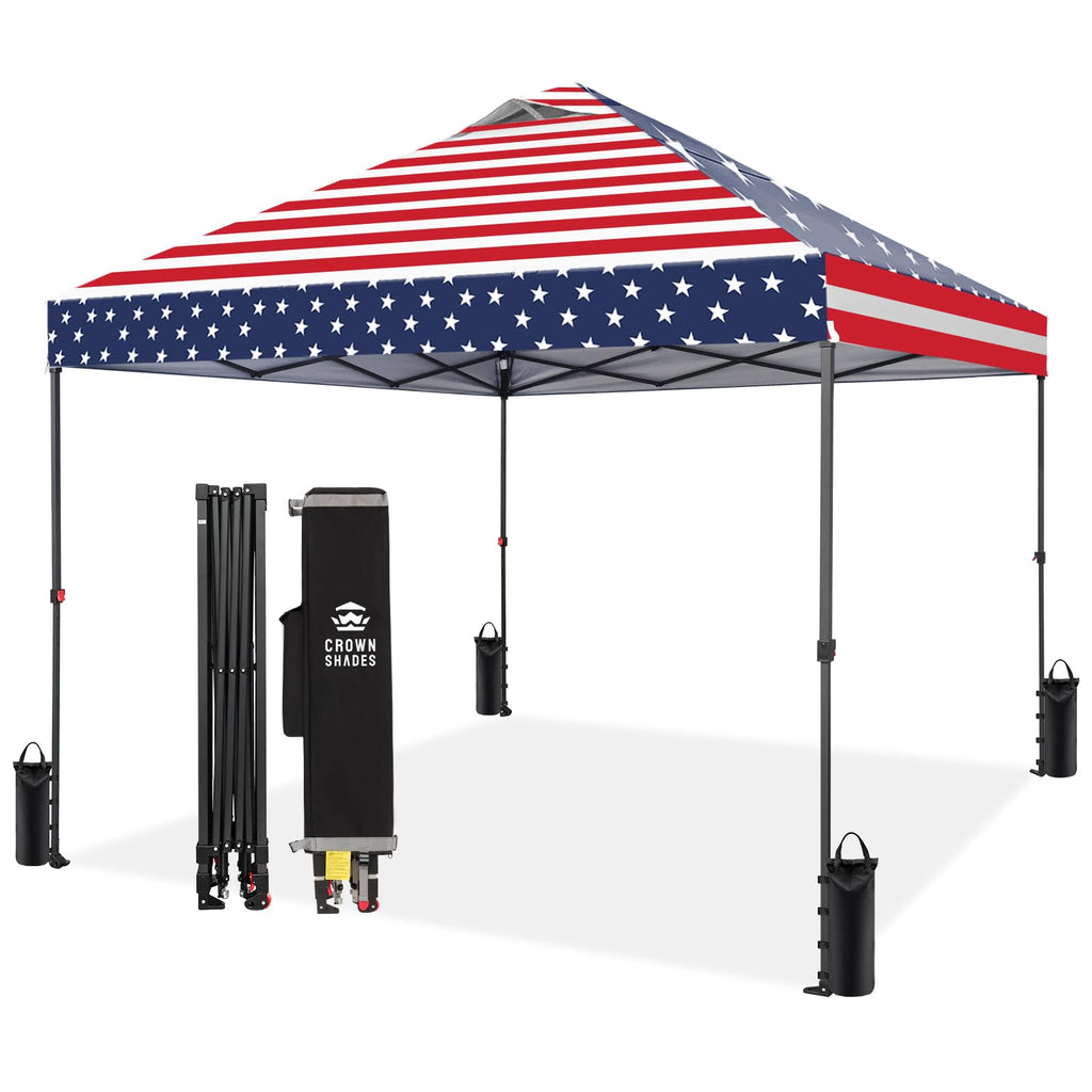 CROWN SHADES 8x8 Pop Up Canopy - Patented Center Lock One Push Instant Outdoor Canopy Beach Tent with STO-N-Go Bag 8 Stakes & 4 Sand Bags，White