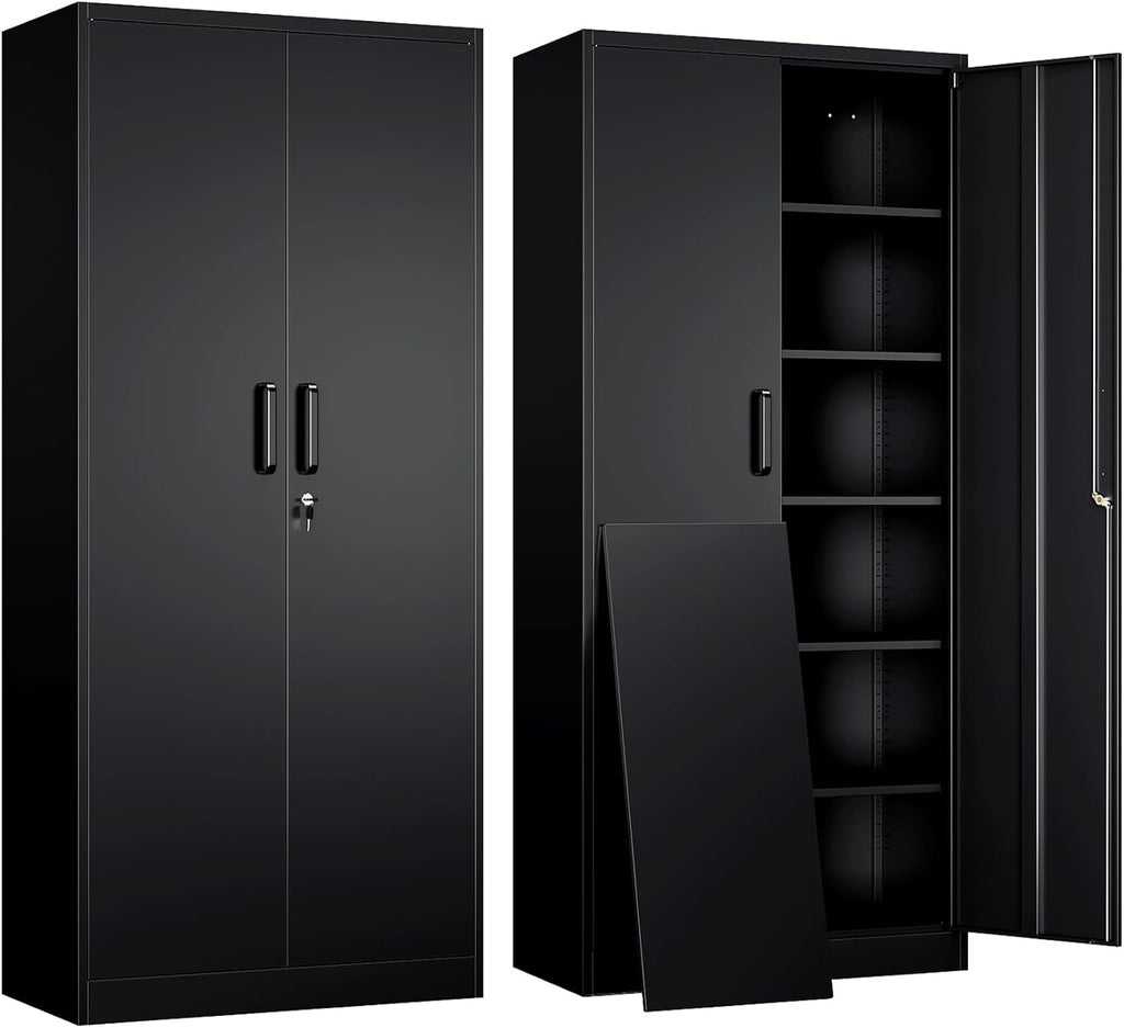 Yizosh Metal Garage Storage Cabinet with 2 Doors and 5 Adjustable Shelves - 71" Steel Lockable File Cabinet,Locking Tool Cabinets for Office,Home,Garage,Gym,School (Black)