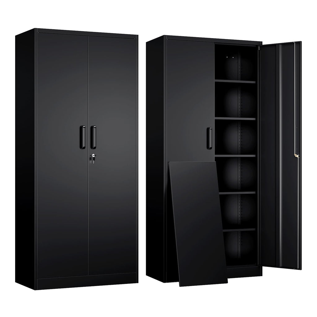Yizosh Metal Storage Cabinet with Lock - 72" Garage Storage Cabinet with 2 Locking Doors and 5 Adjustable Shelves, Black Steel Lockable for Office,Home,Garage