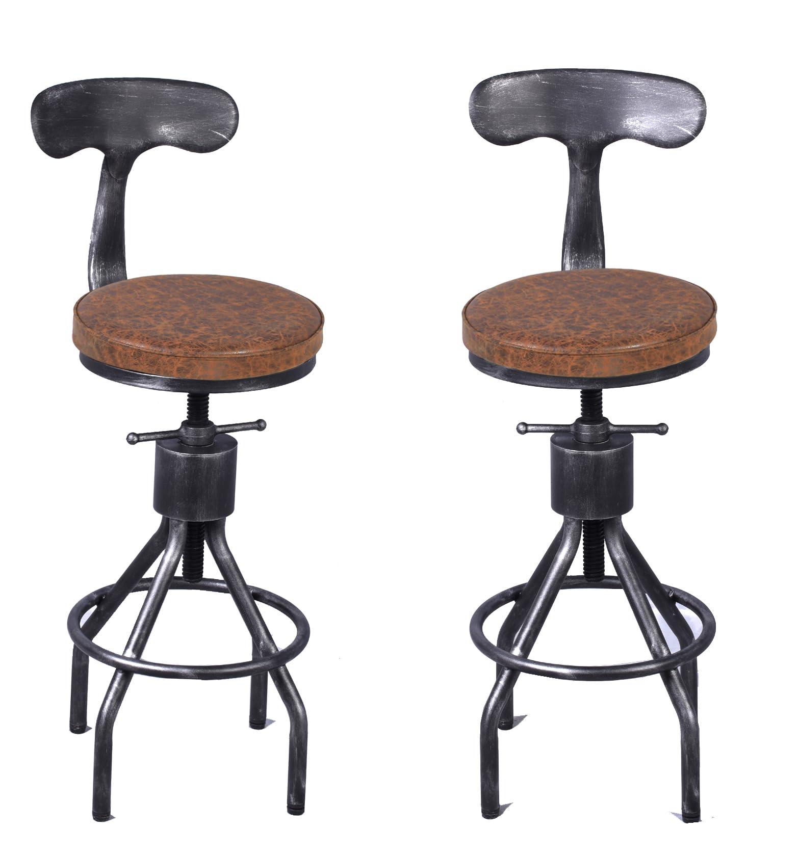 LOKKHAN Set of 2 Rustic Industrial Bar Stool-24-30 Tall Adjustable Metal Swivel Wooden Top Barstools-Counter Height Bar Height-Vintage Farmhouse Kitchen Breakfast Cafe Stool-with Backrest