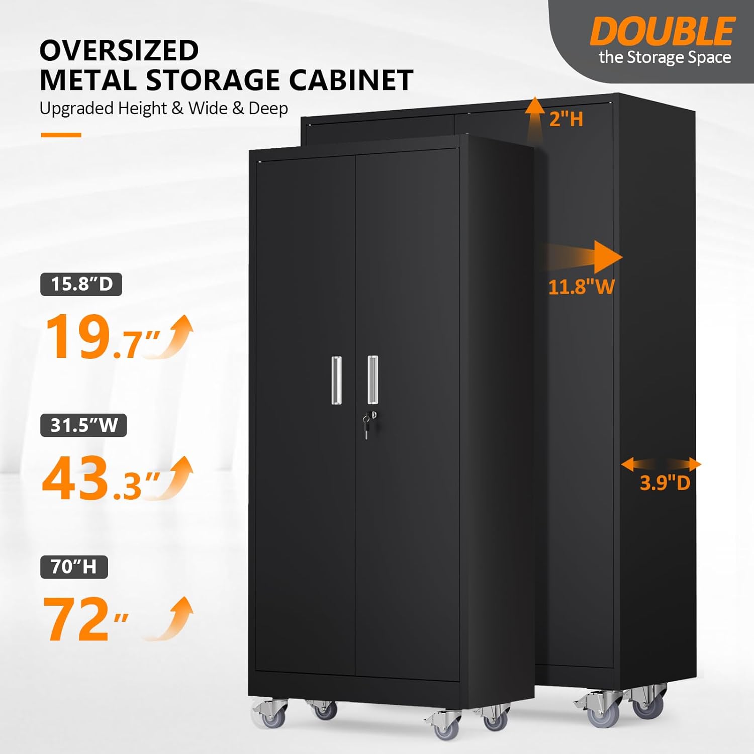 VINGLI Large Metal Storage Cabinet with 2 Doors and 5 Adjustable Shelves, Upgraded Height & Wide & Deep, 43''W x 20''D x 72''H, Oversized Garage Storage Cabinet with Wheels and Locks (Black)