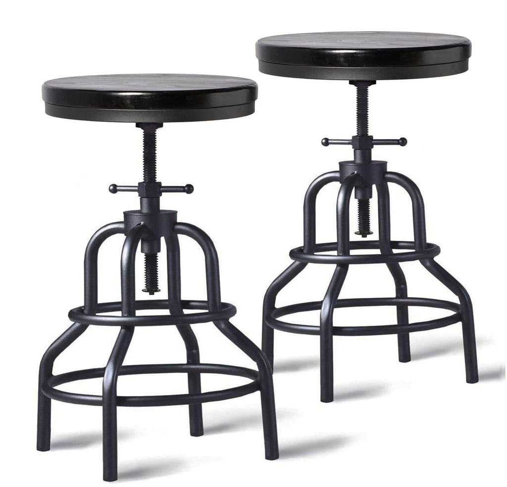 LOKKHAN Vintage Industrial Bar Stool-Rustic Swivel Barstools-Round Wood Metal Base-Kitchen Counter Height Adjustable Pipe Stool-Cast Steel Chairs 20-27 Inch (Set of 2)