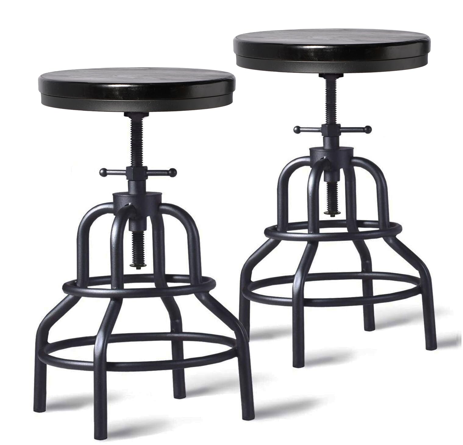 LOKKHAN Vintage Industrial Bar Stool-Rustic Swivel Barstools-Round Wood Metal Base-Kitchen Counter Height Adjustable Pipe Stool-Cast Steel Chairs 20-27 Inch (Set of 2)