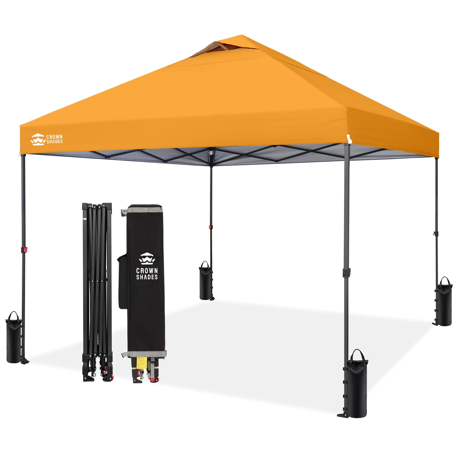 CROWN SHADES 8x8 Pop Up Canopy - Patented Center Lock One Push Instant Outdoor Canopy Beach Tent with STO-N-Go Bag 8 Stakes & 4 Sand Bags，White
