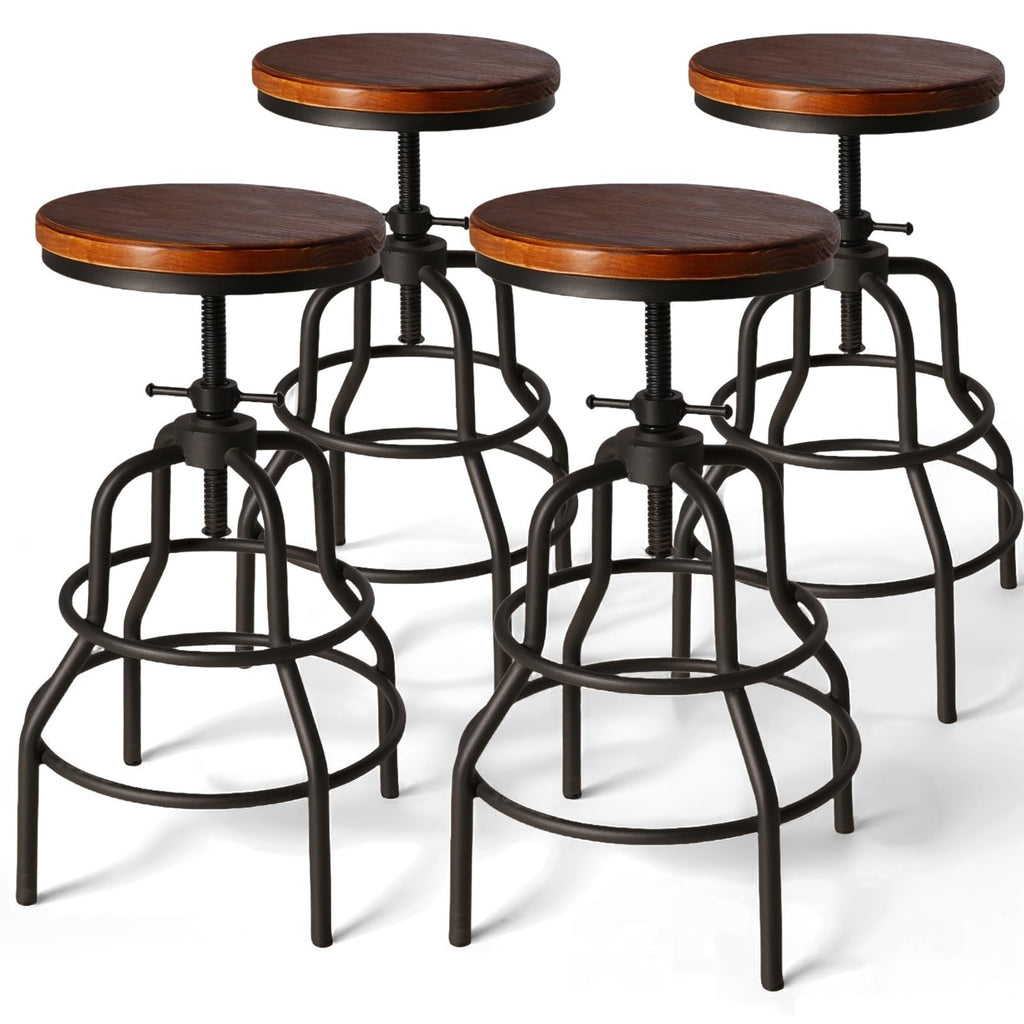 LOKKHAN Vintage Industrial Bar Stool-Rustic Swivel Barstools-Round Wood Metal Base-Kitchen Counter Height Adjustable Pipe Stool-Cast Steel Chairs 20-27 Inch (Set of 2)