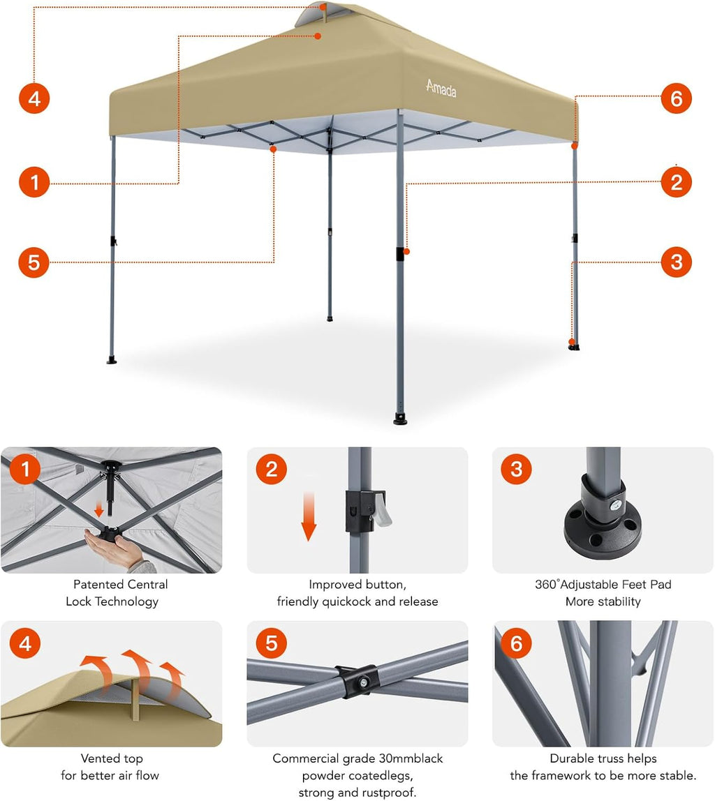 Amada 10x10 Pop Up Canopy Tent, 1-Button Push Easy-up Outdoor Canopy Beach Tent with 3-Height Adjustable Waterproof Shade Shelter, Wheeled STO-N-Go Bag 8 Stakes, 4 SandBags (Khaki)