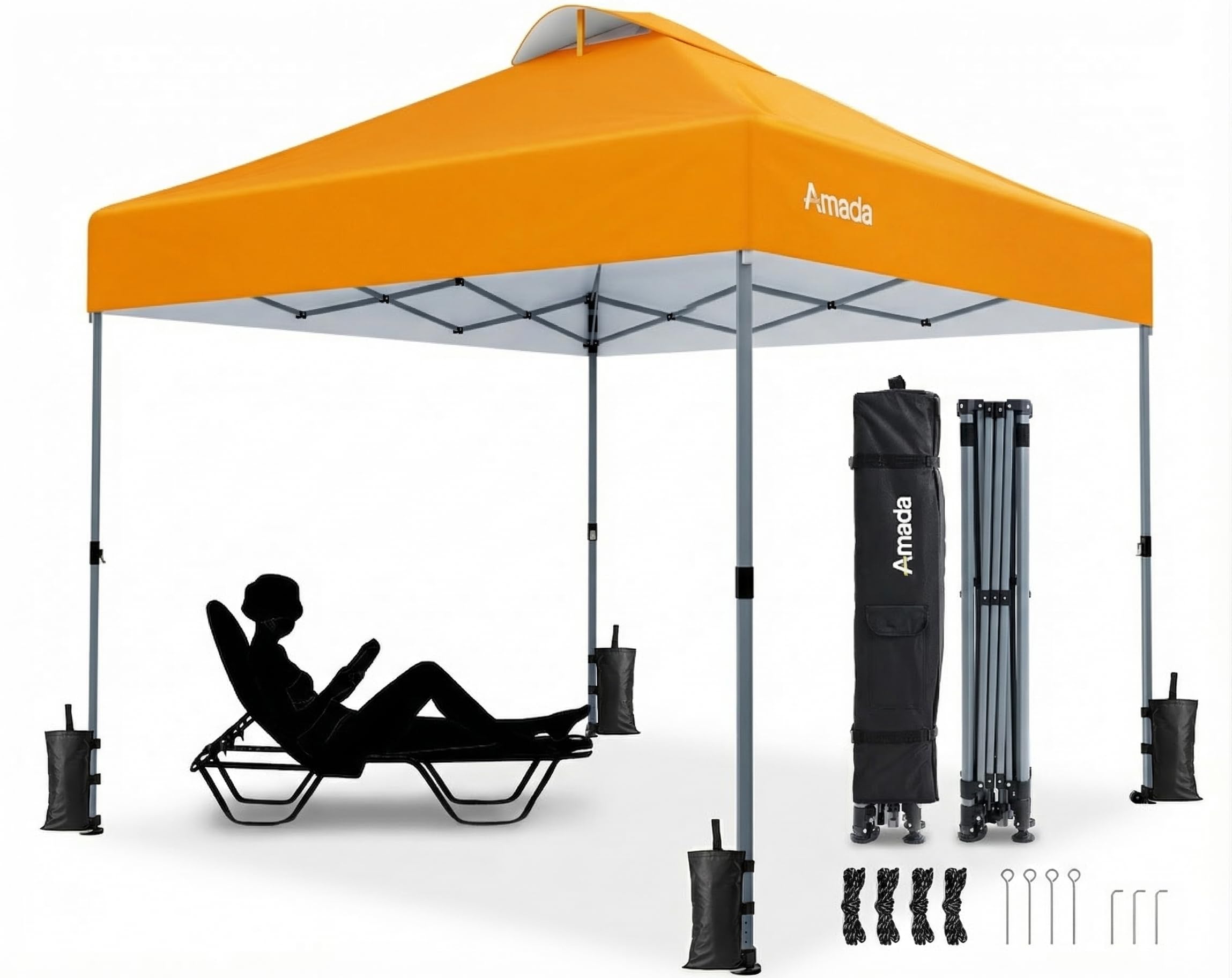 Amada 10x10 Pop Up Canopy Tent, 1-Button Push Easy-up Outdoor Canopy Beach Tent with 3-Height Adjustable Waterproof Shade Shelter, Wheeled STO-N-Go Bag 8 Stakes, 4 SandBags (Khaki)