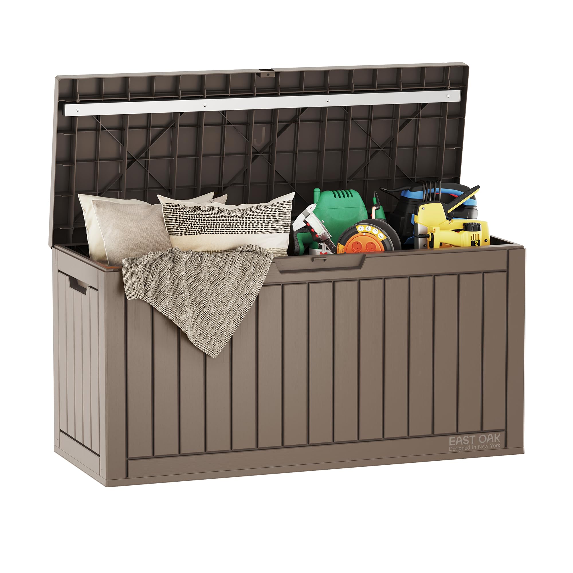 EAST OAK Outdoor Storage Box, 31 Gallon Deck Box Indoor and Outdoor Use, Waterproof Resin Storage Bin for Package Delivery, Patio Cushions, Gardening Tools, Lockable, UV Resistant, Grey