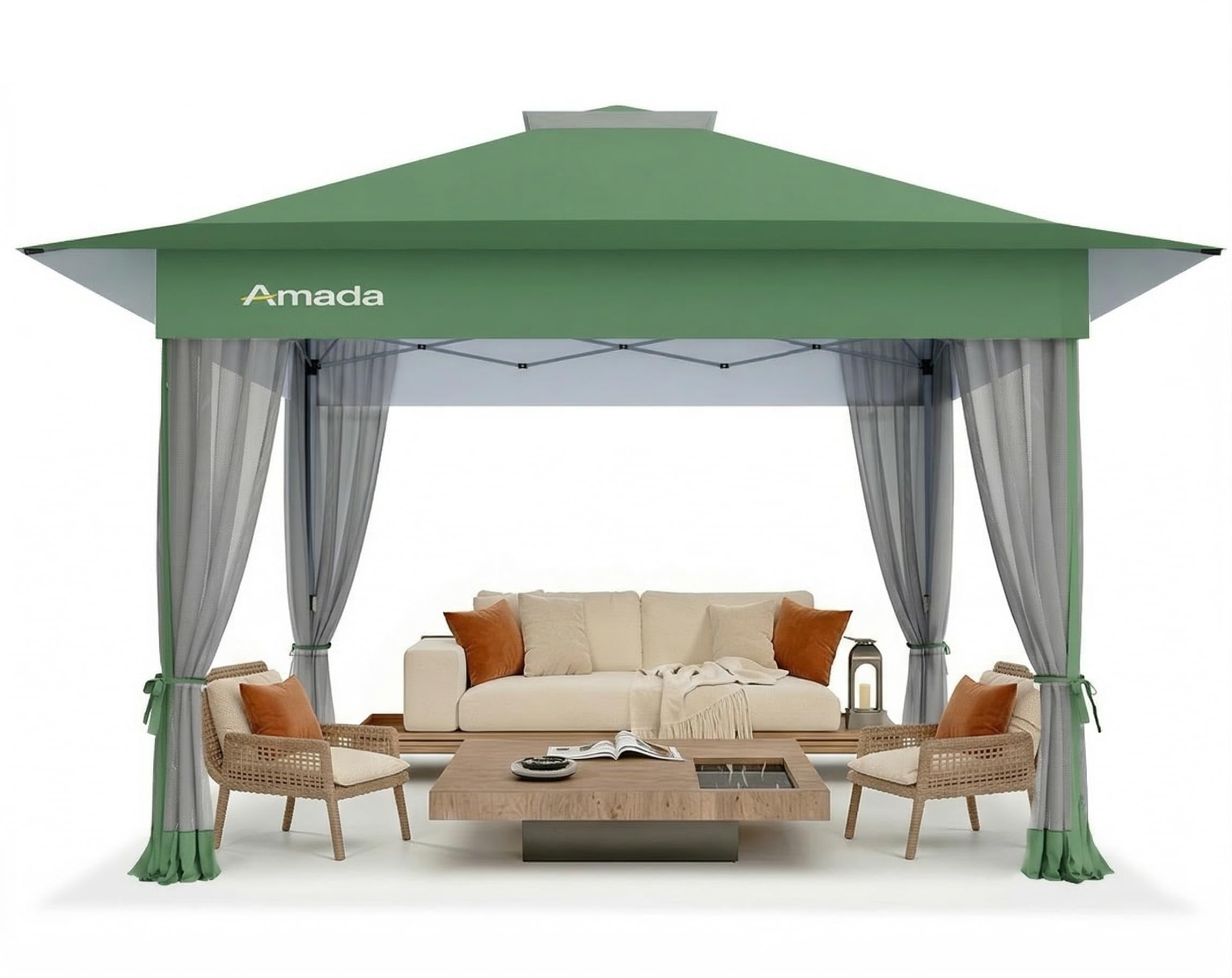Amada 10x10 Pop Up Canopy Tent, 1-Button Push Easy-up Outdoor Canopy Beach Tent with 3-Height Adjustable Waterproof Shade Shelter, Wheeled STO-N-Go Bag 8 Stakes, 4 SandBags (Khaki)