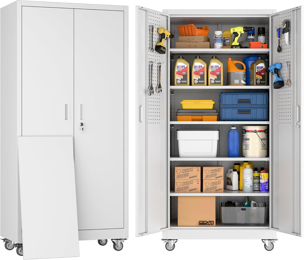 SUXXAN Metal Storage Cabinet with Wheels and Pegboard, 71" Tall Industrial Steel Cabinet with 5 Adjustable Shelves & Locking Doors, Rolling Garage Storage Cabinet for Office, Pantry, Home