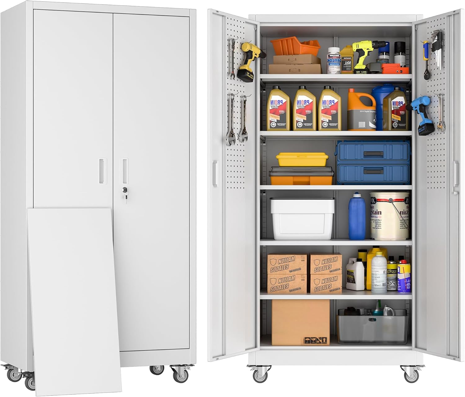 SUXXAN Metal Storage Cabinet with Wheels and Pegboard, 71" Tall Industrial Steel Cabinet with 5 Adjustable Shelves & Locking Doors, Rolling Garage Storage Cabinet for Office, Pantry, Home