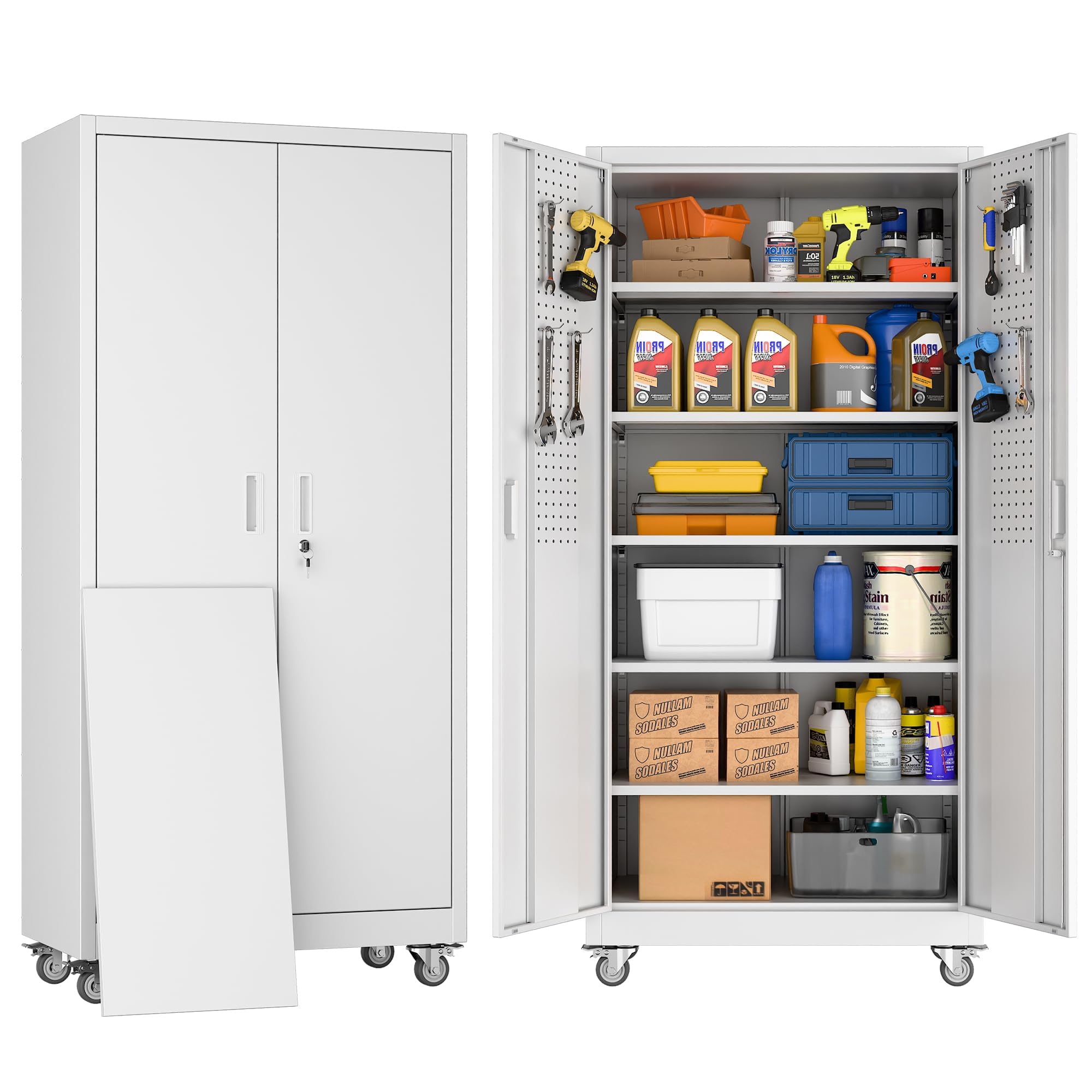SUXXAN Metal Storage Cabinet with Wheels and Pegboard, 71" Tall Industrial Steel Cabinet with 5 Adjustable Shelves & Locking Doors, Rolling Garage Storage Cabinet for Office, Pantry, Home