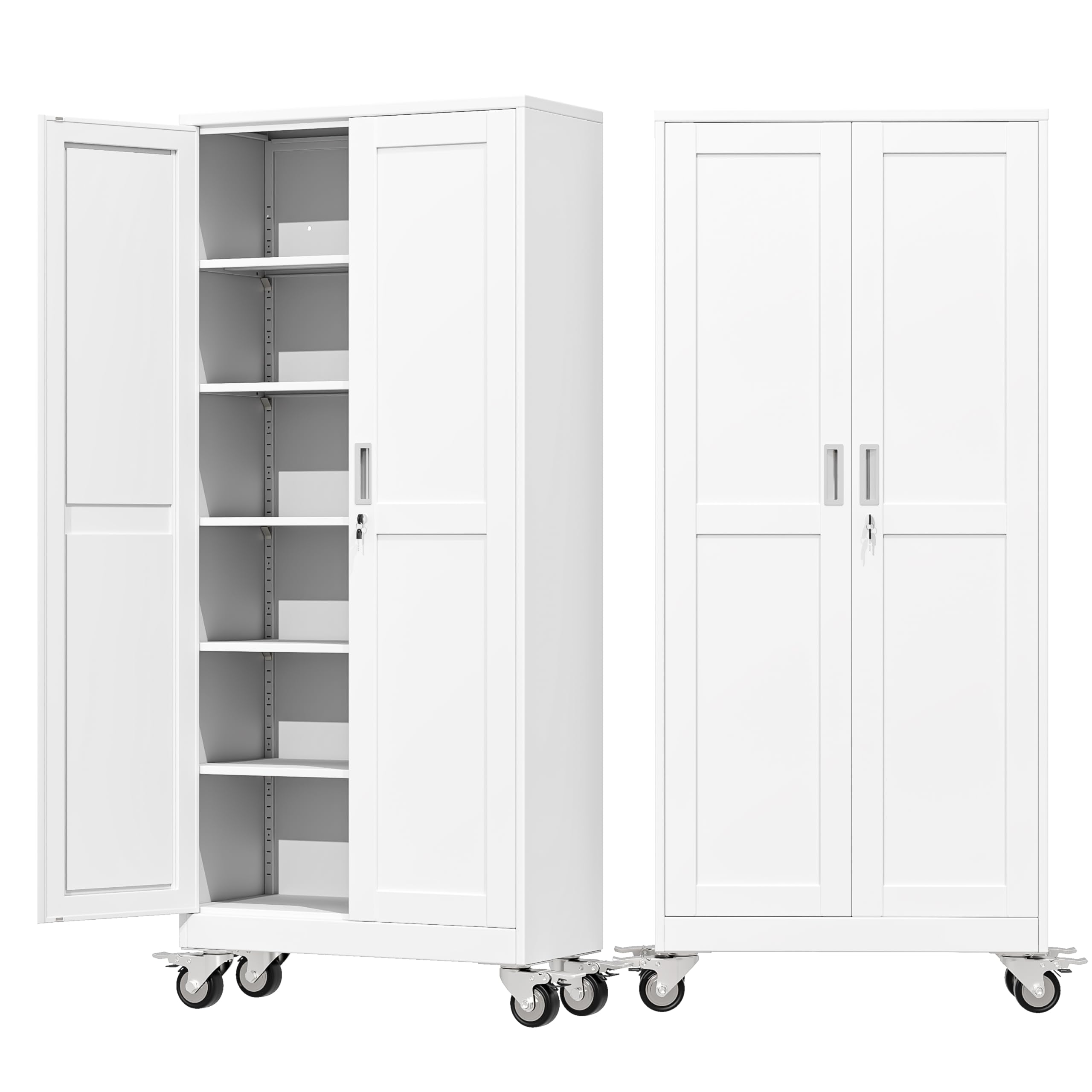 71" Metal Garage Storage Cabinet with Wheels and Locking Doors and Tall Rolling Steel Tool Cabinet with 4 Adjustable Shelves for Garage,Home,Office,Shop (Black, 71''H x 30''W x15''D)