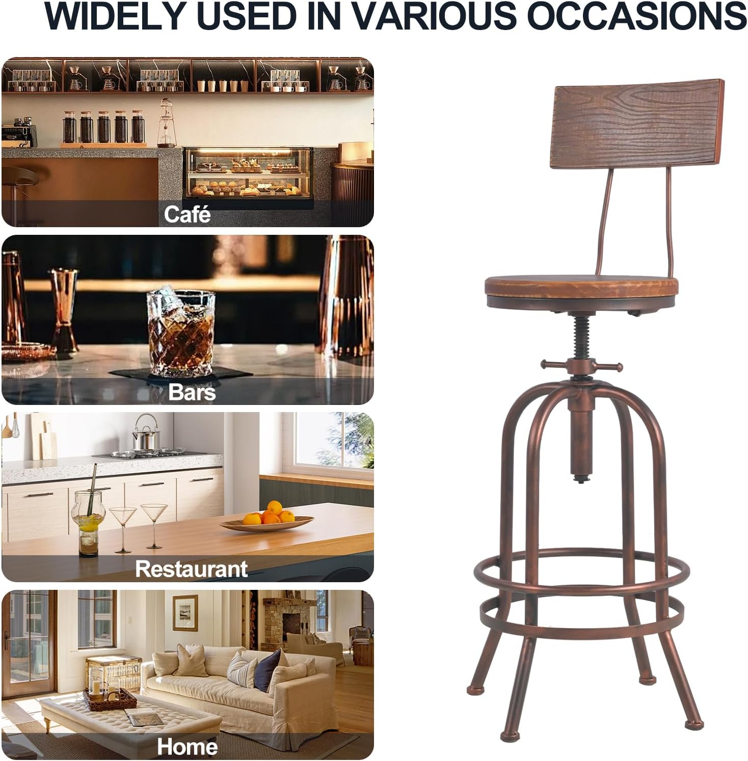 Set of 2-Industrial Bar Stools-Swivel Wooden Seat-Bar Counter Height Adjustable 26-32.2inch-Kitchen Dining Chairs
