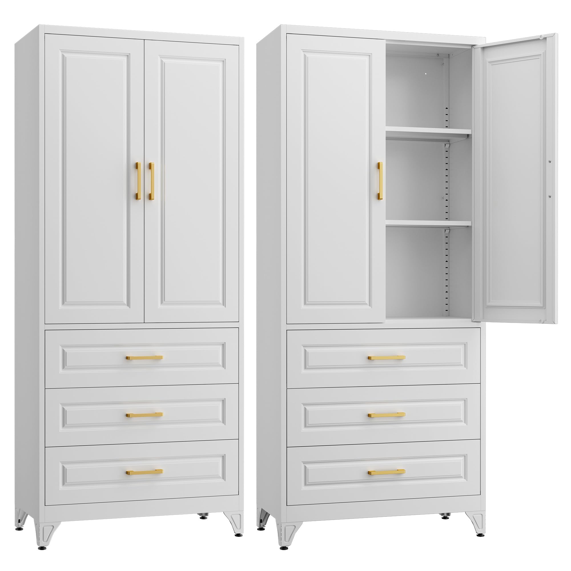 SteeLoong Kitchen Pantry Cabinet,71”Black Metal Pantry Storage Cabinet with Doors and 4 Adjustable Shelves,Kitchen Cabinet with 2 Gold Handles,Tall Cabinet for Livingroom,Pantry, Bathroom