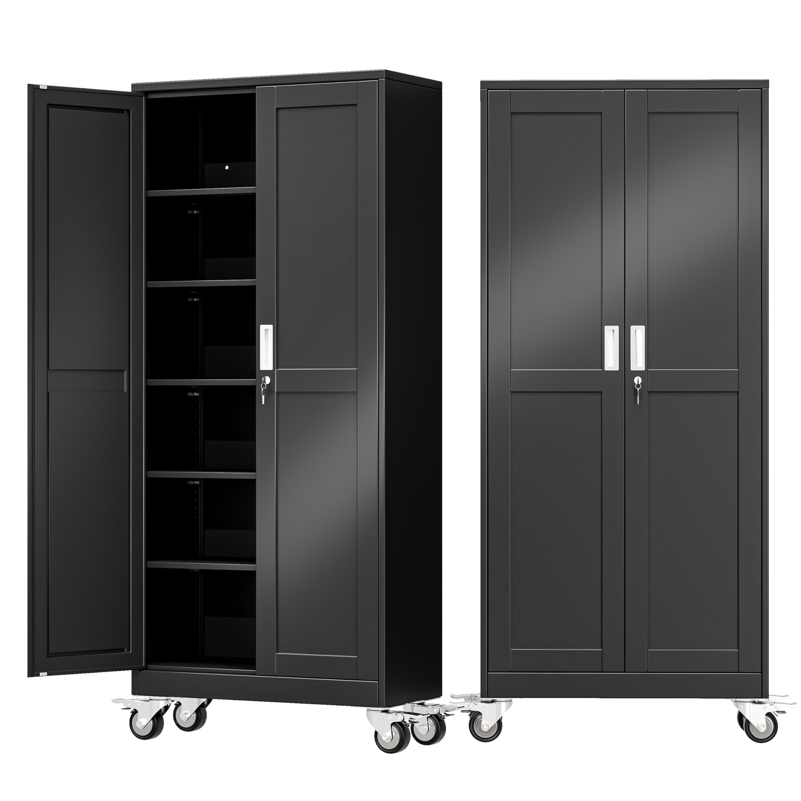 71" Metal Garage Storage Cabinet with Wheels and Locking Doors and Tall Rolling Steel Tool Cabinet with 4 Adjustable Shelves for Garage,Home,Office,Shop (Black, 71''H x 30''W x15''D)