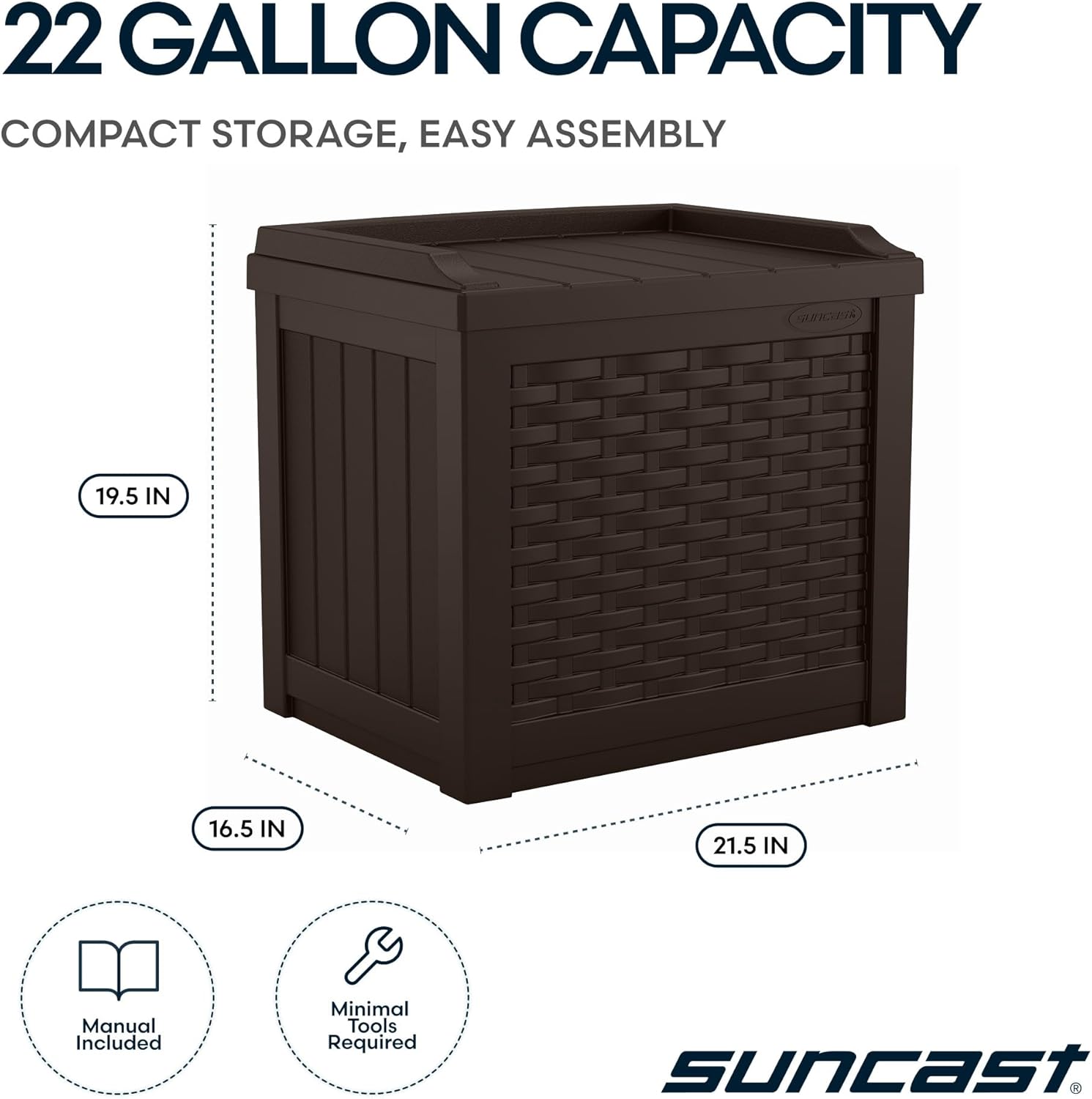 Suncast Outdoor Deck Box - 22 Gallon Java Resin Outdoor Storage Box, Weatherproof Patio Storage Bin Container for Seating & Organizing Cushions, Tools & Towels for Pool, Yard, & Garden
